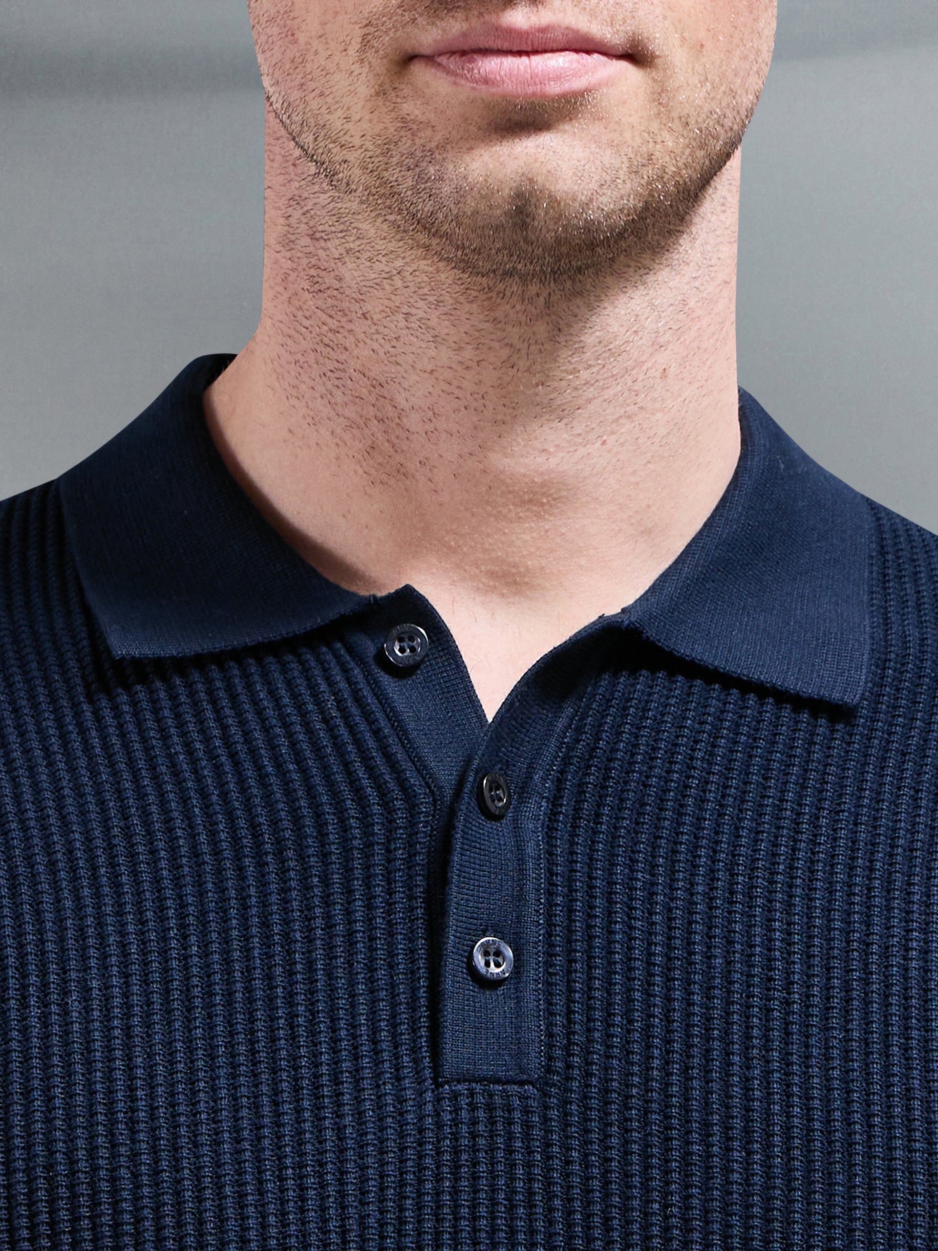 Ribbed Button Polo Shirt in Navy