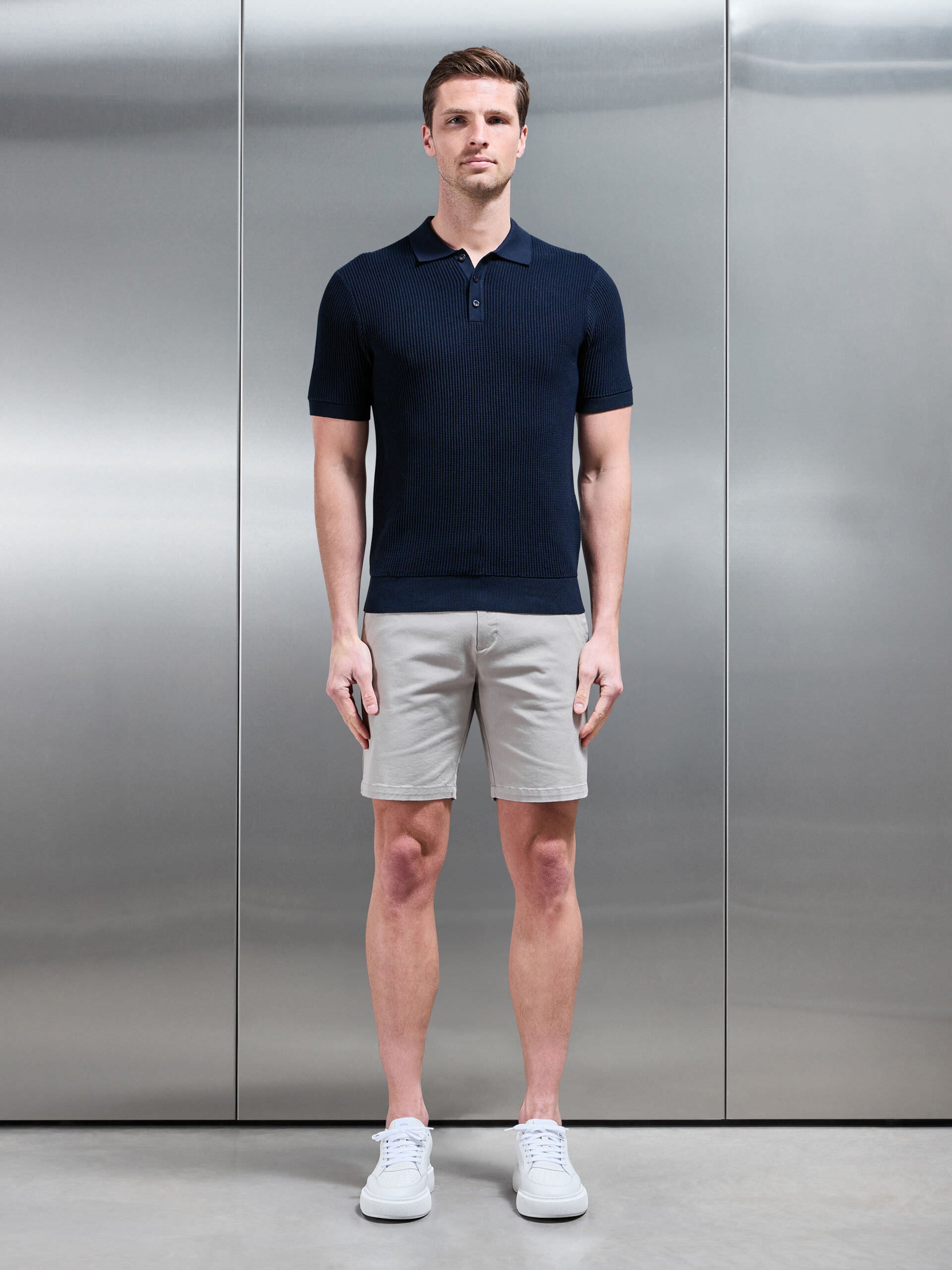 Ribbed Button Polo Shirt in Navy
