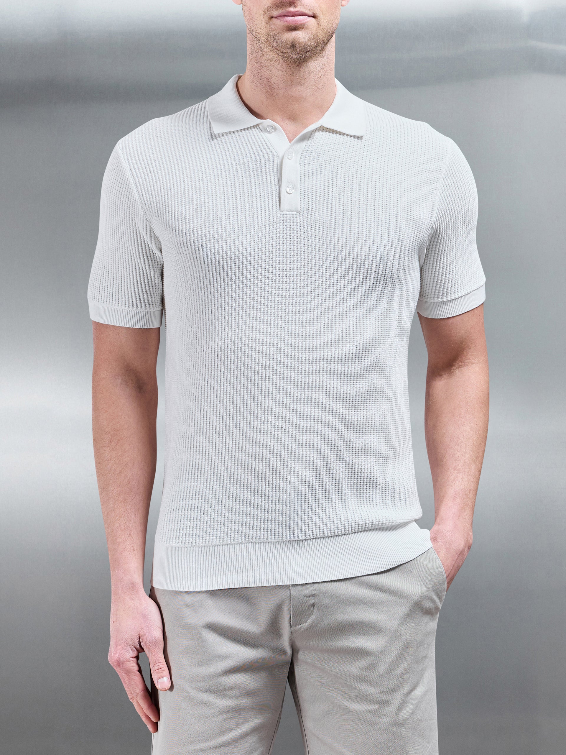 Ribbed Button Polo Shirt in White