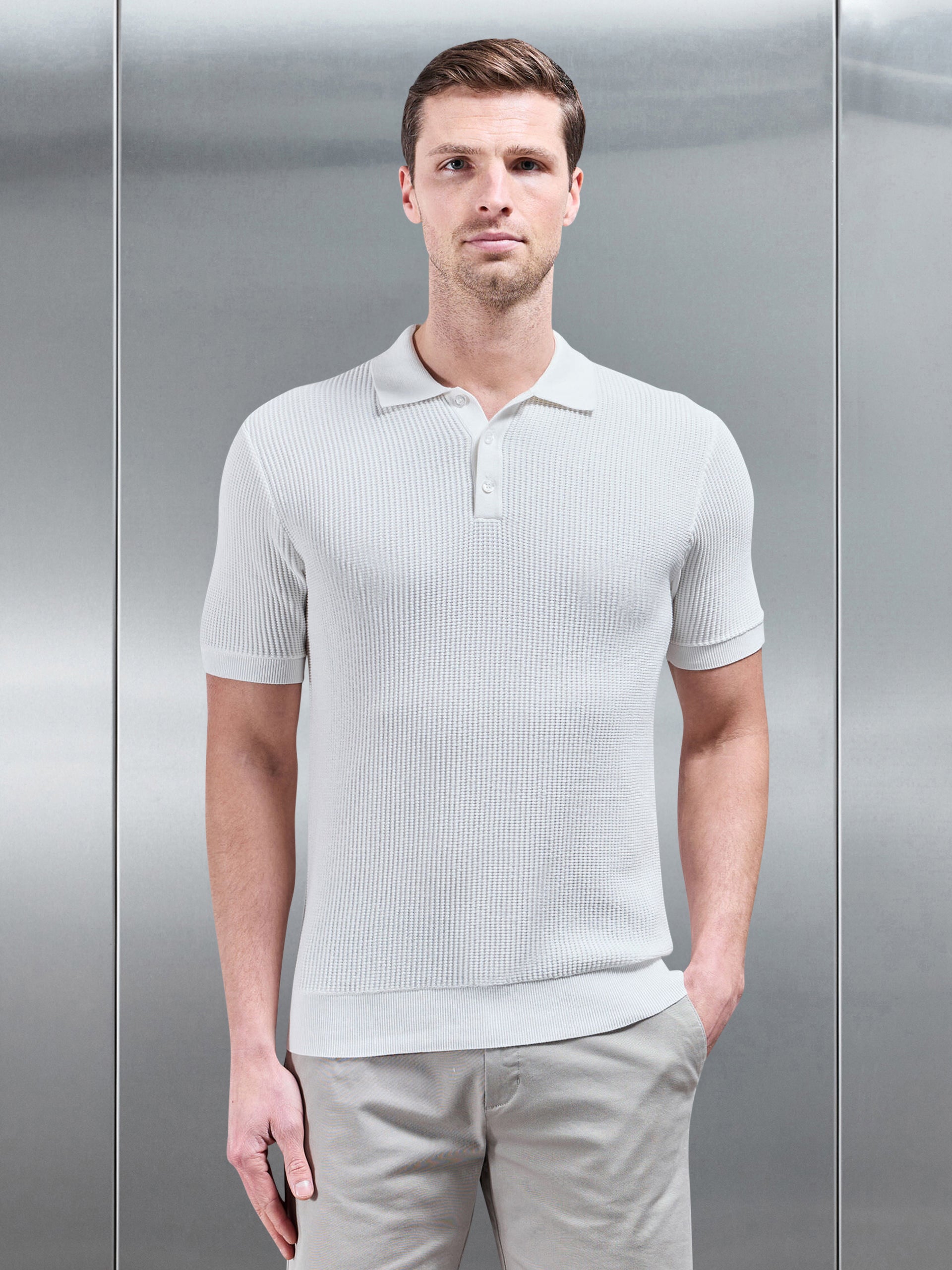 Ribbed Button Polo Shirt in White
