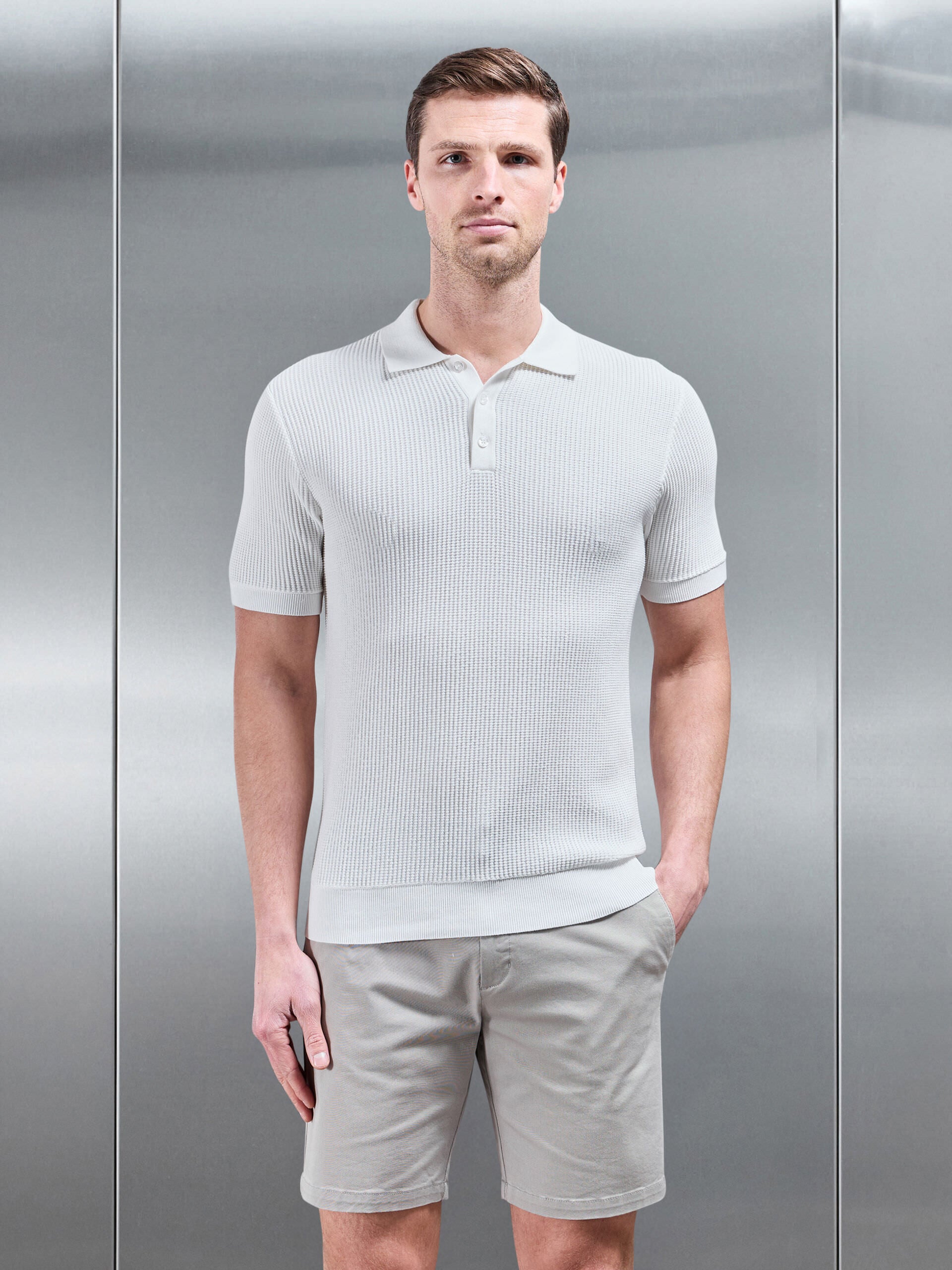 Ribbed Button Polo Shirt in White