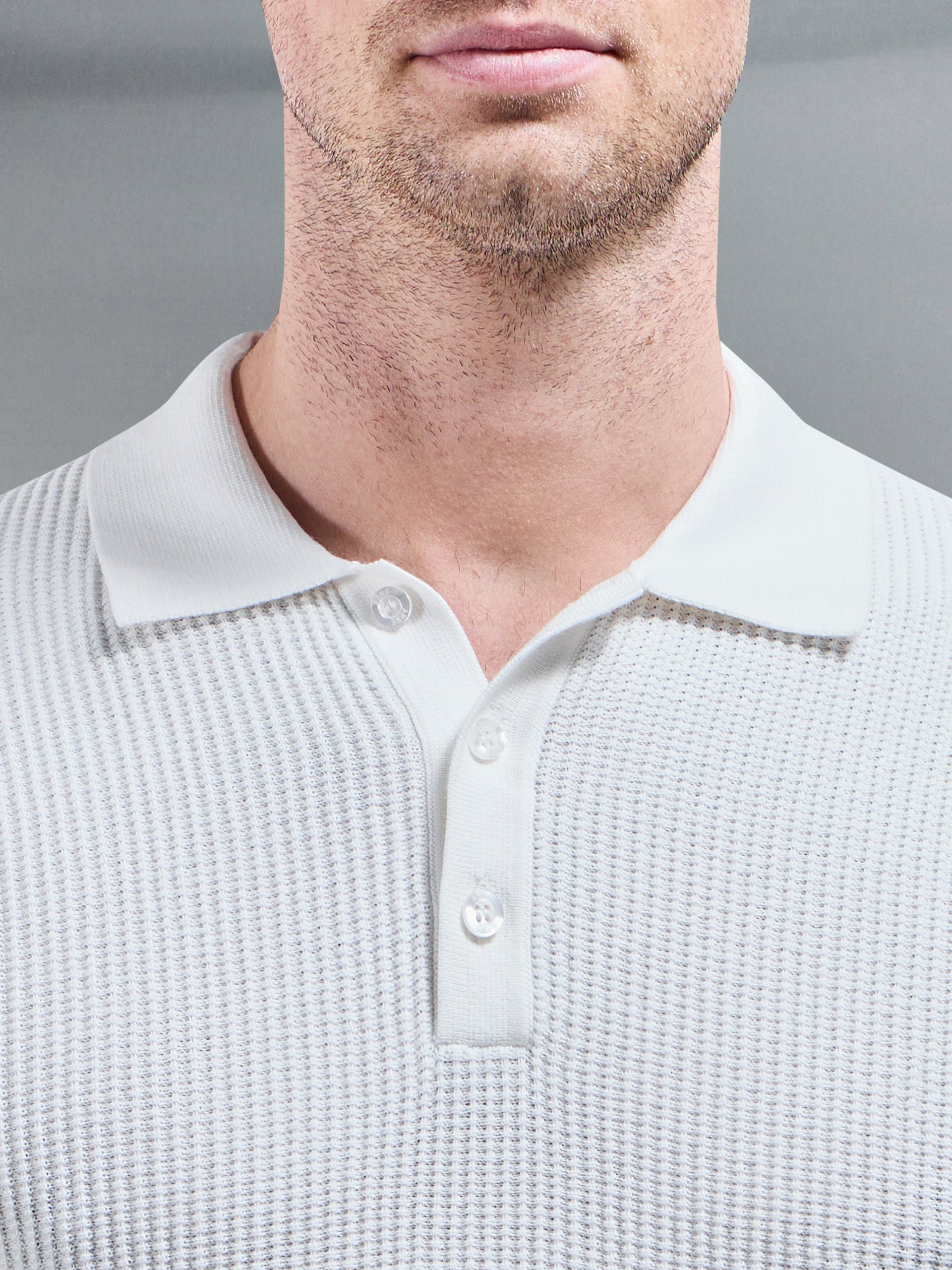 Ribbed Button Polo Shirt in White