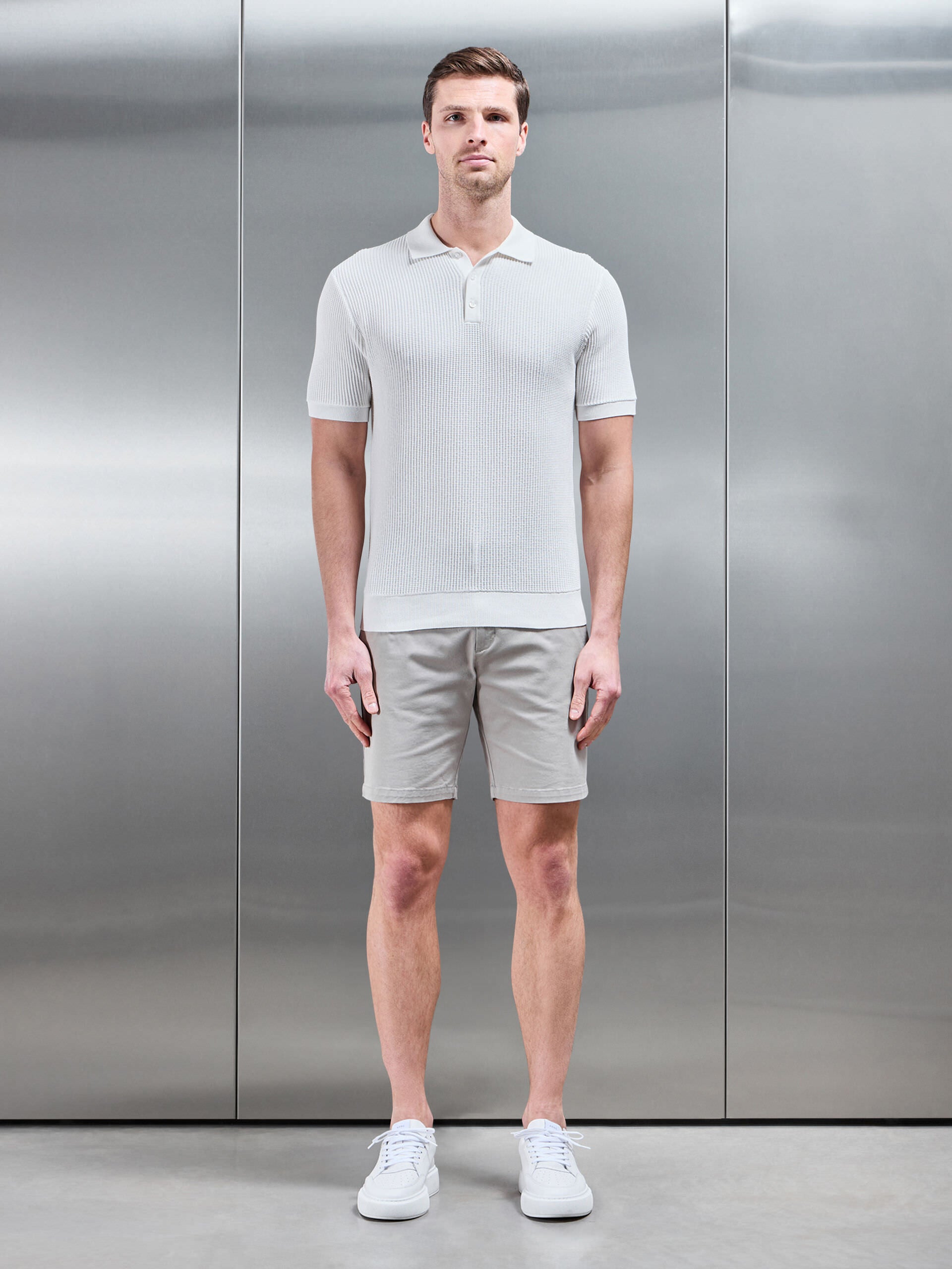 Ribbed Button Polo Shirt in White