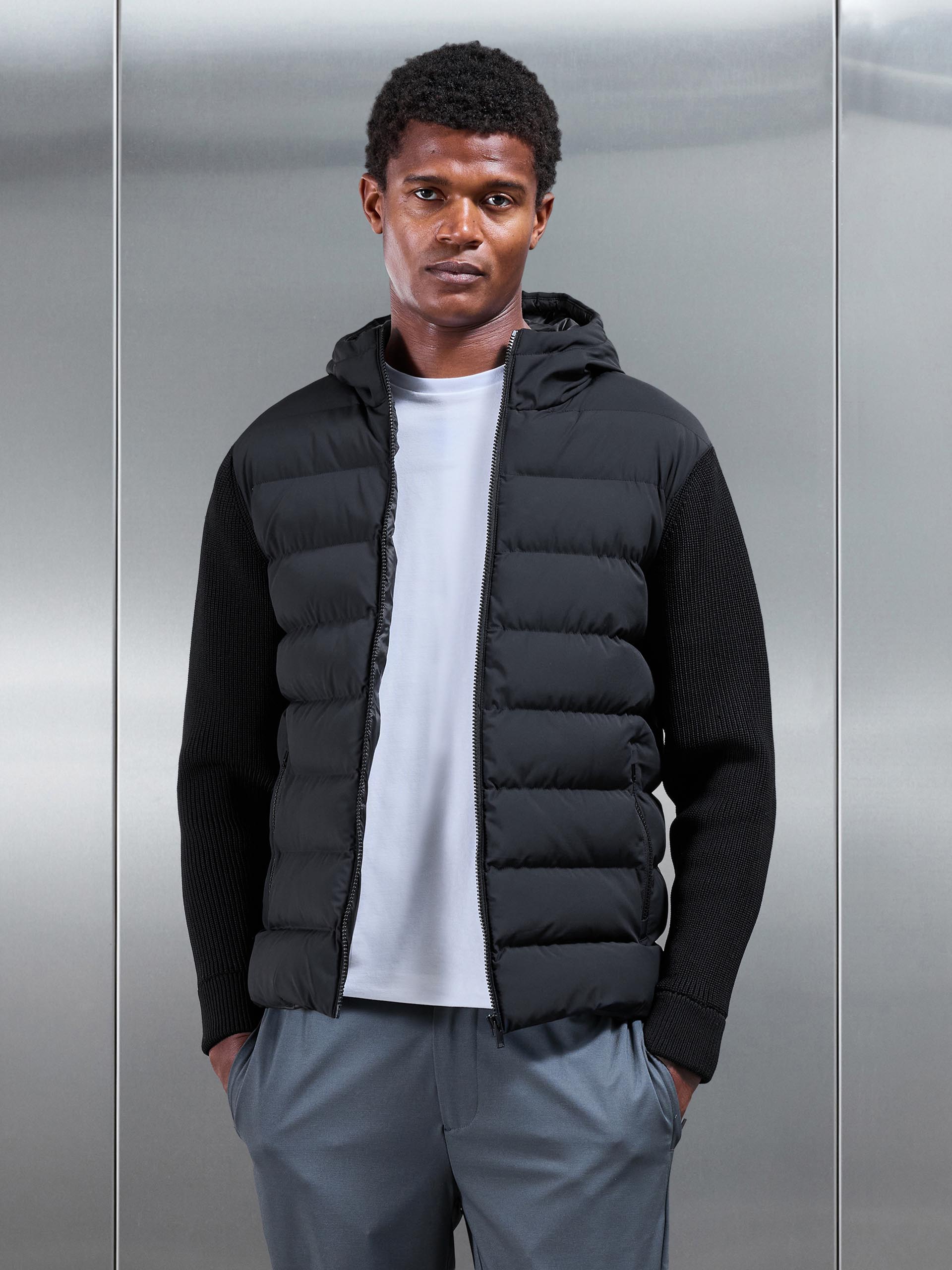 Ribbed Knit Hybrid Puffer Windbreaker in Black