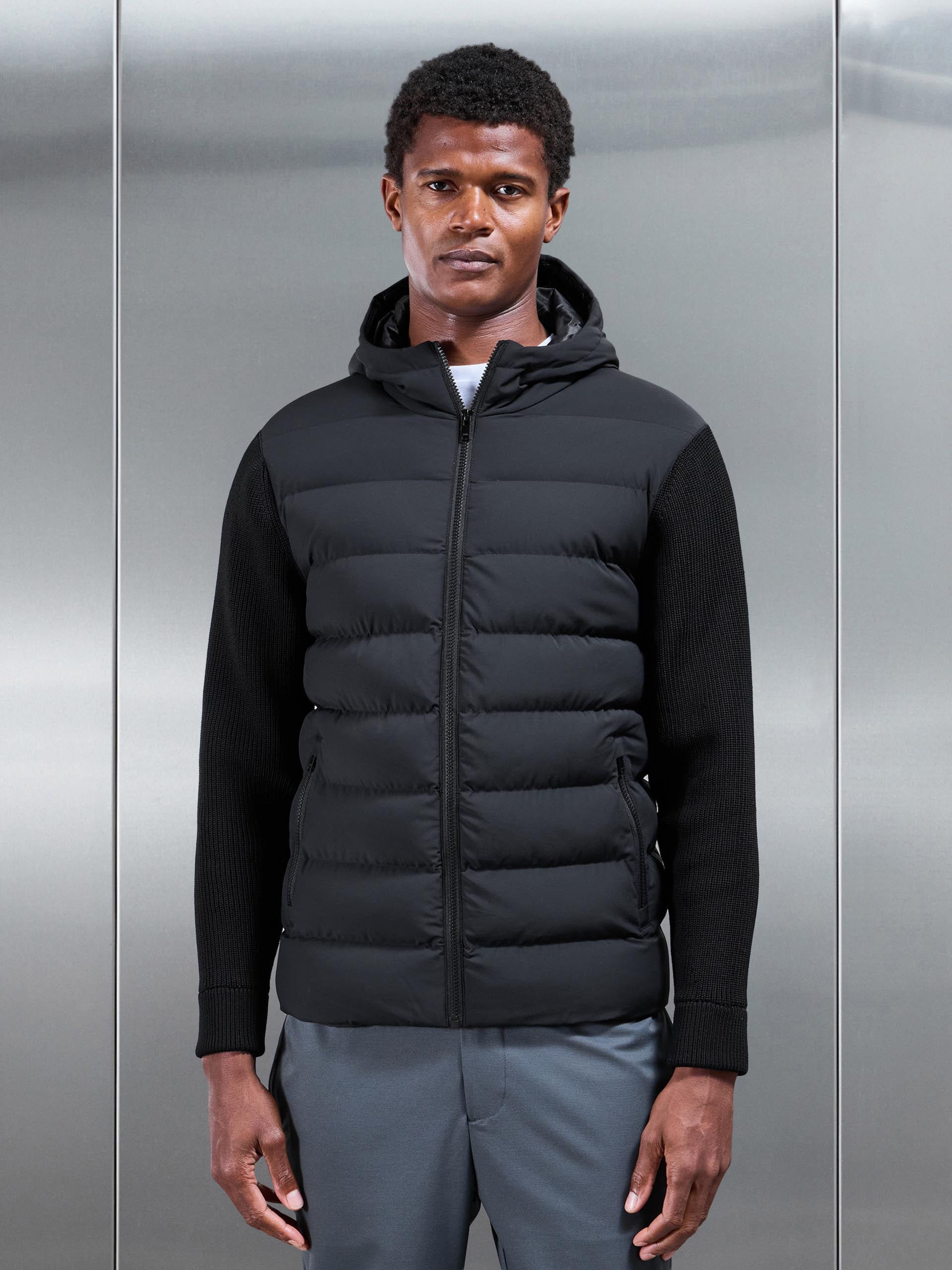 Ribbed Knit Hybrid Puffer Windbreaker in Black