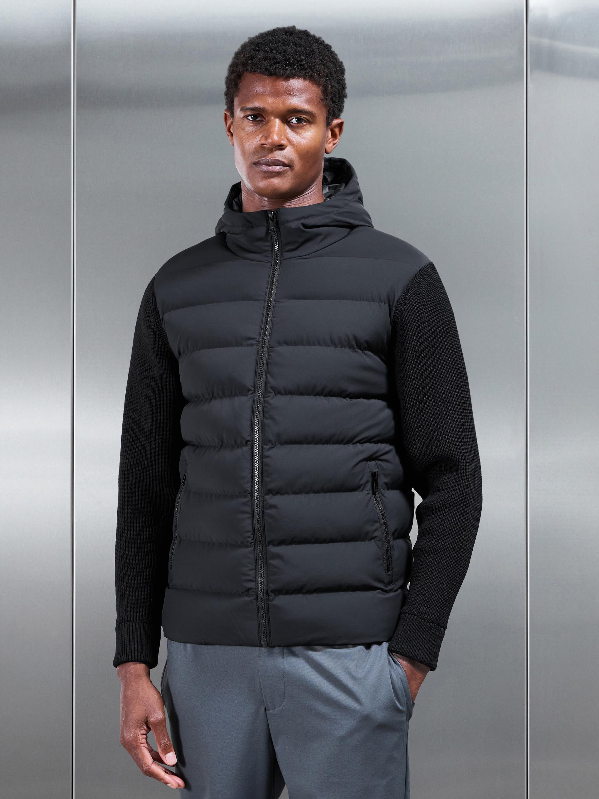Ribbed Knit Hybrid Puffer Windbreaker in Black