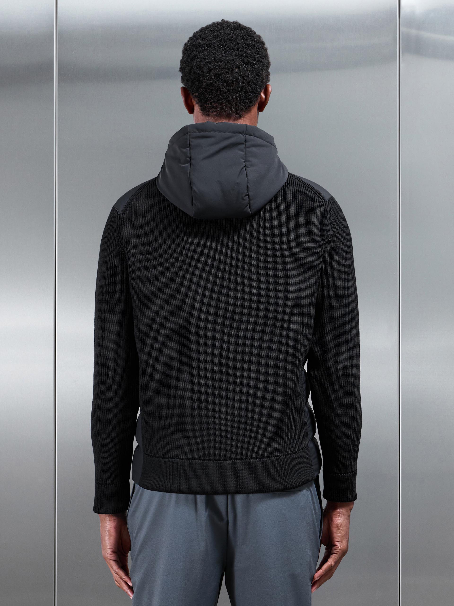 Ribbed Knit Hybrid Puffer Windbreaker in Black