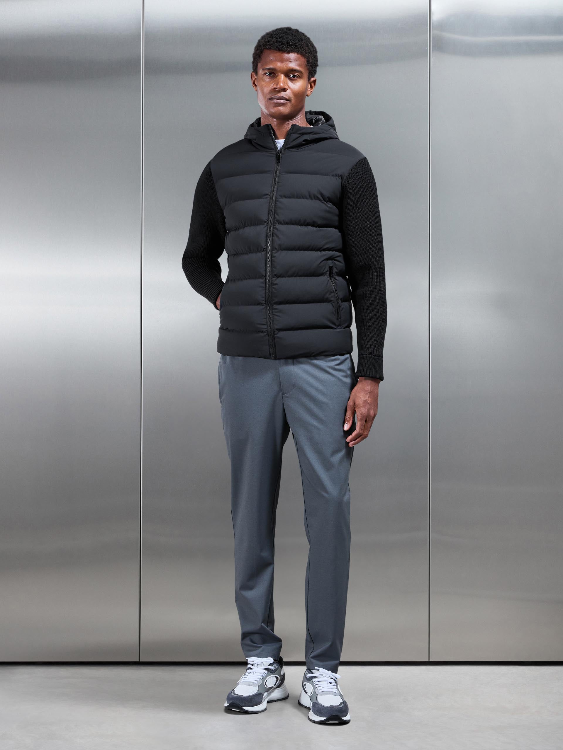 Ribbed Knit Hybrid Puffer Windbreaker in Black