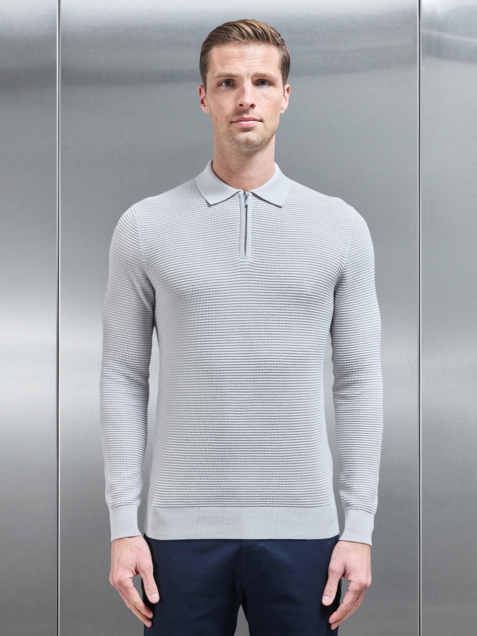 Ribbed Textured Long Sleeve Knitted Zip Polo in Mid Grey