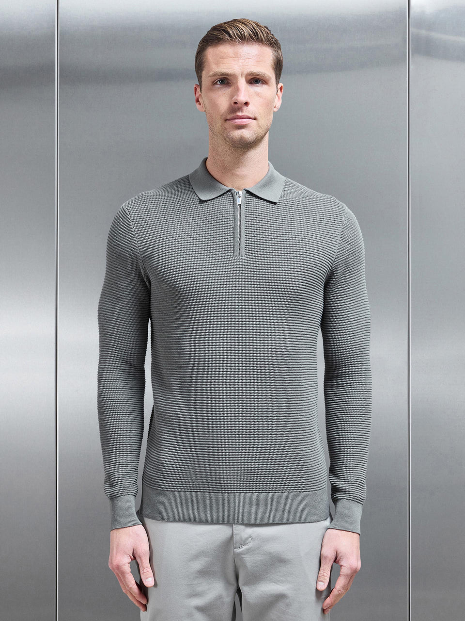 Ribbed Textured Long Sleeve Knitted Zip Polo in Sage