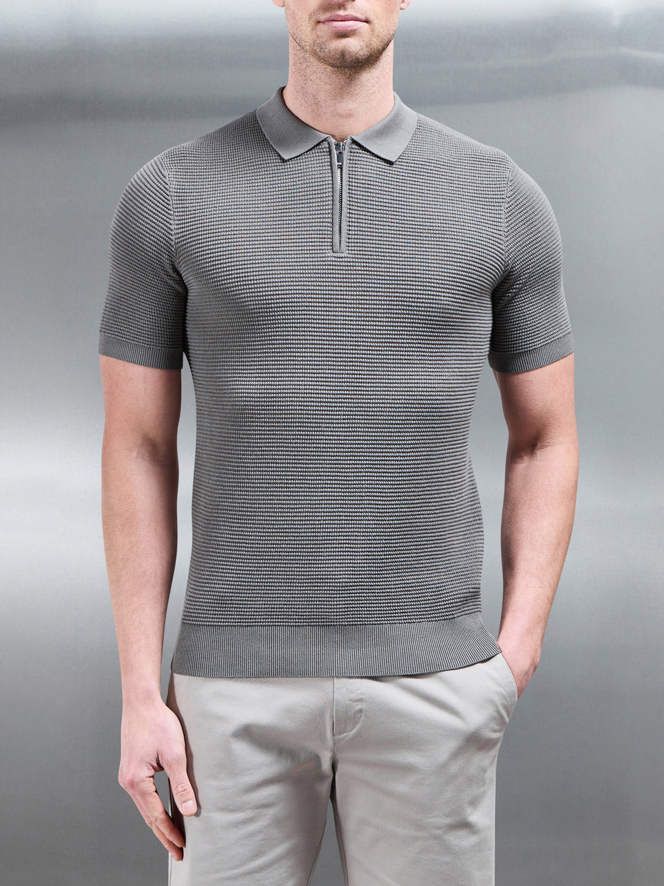 Ribbed Knitted Zip Polo Shirt in Sage