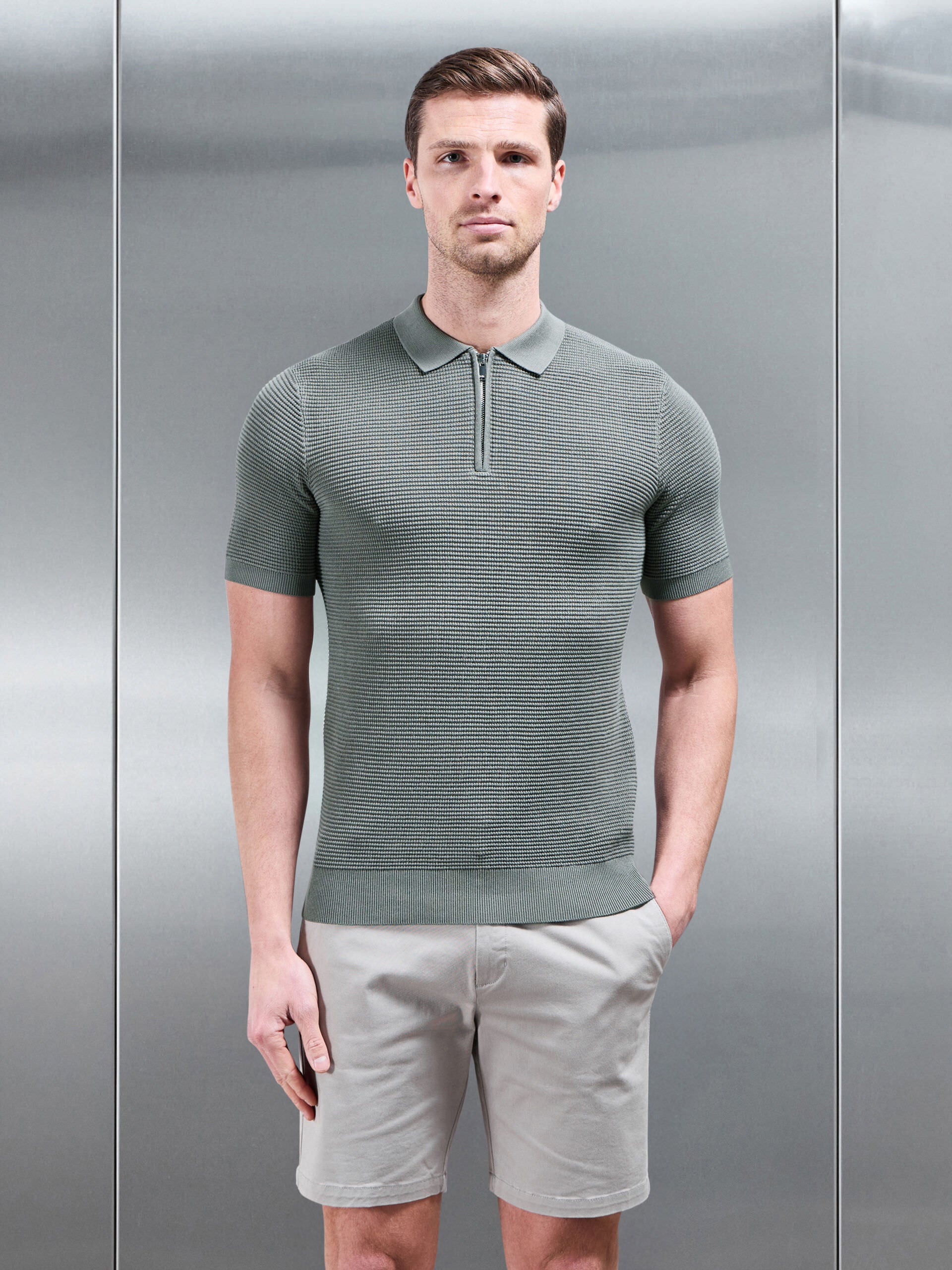 Ribbed Knitted Zip Polo Shirt in Sage