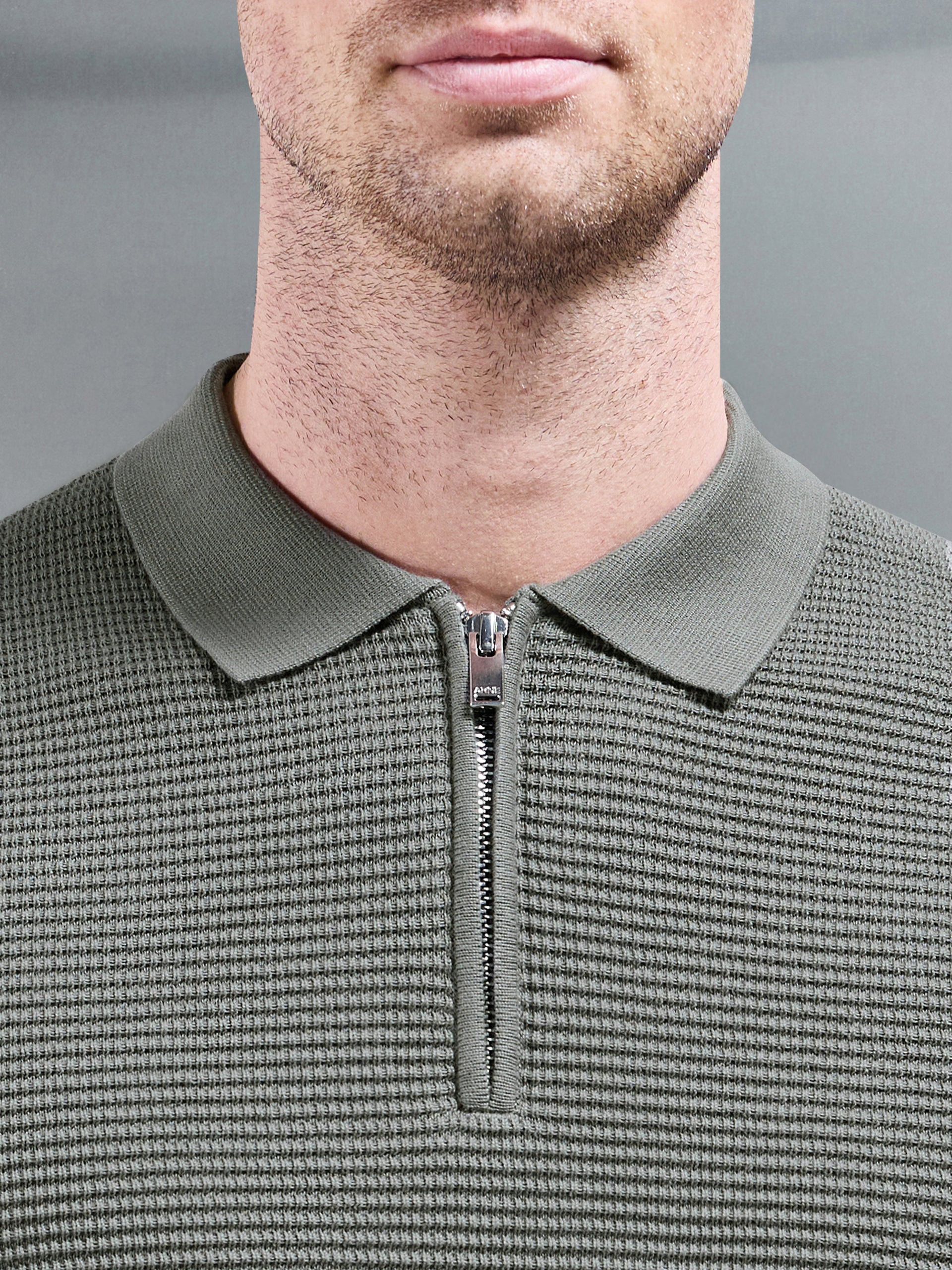 Ribbed Knitted Zip Polo Shirt in Sage