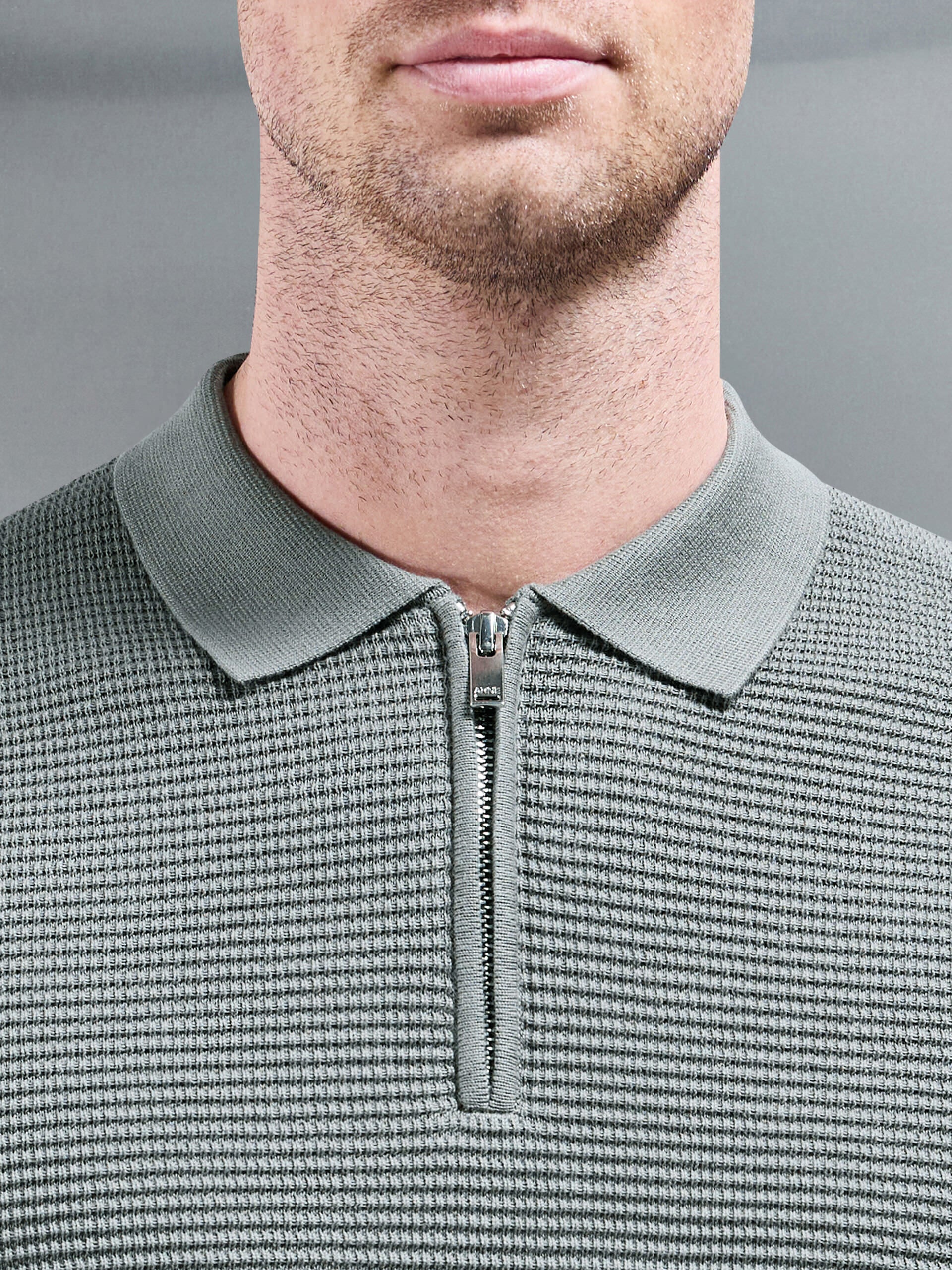 Ribbed Knitted Zip Polo Shirt in Sage