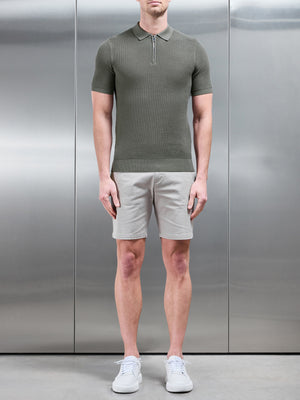 Ribbed Knitted Zip Polo Shirt in Sage