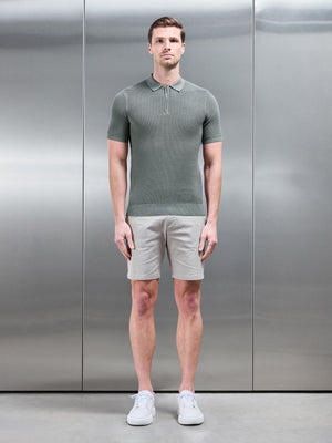 Ribbed Knitted Zip Polo Shirt in Sage