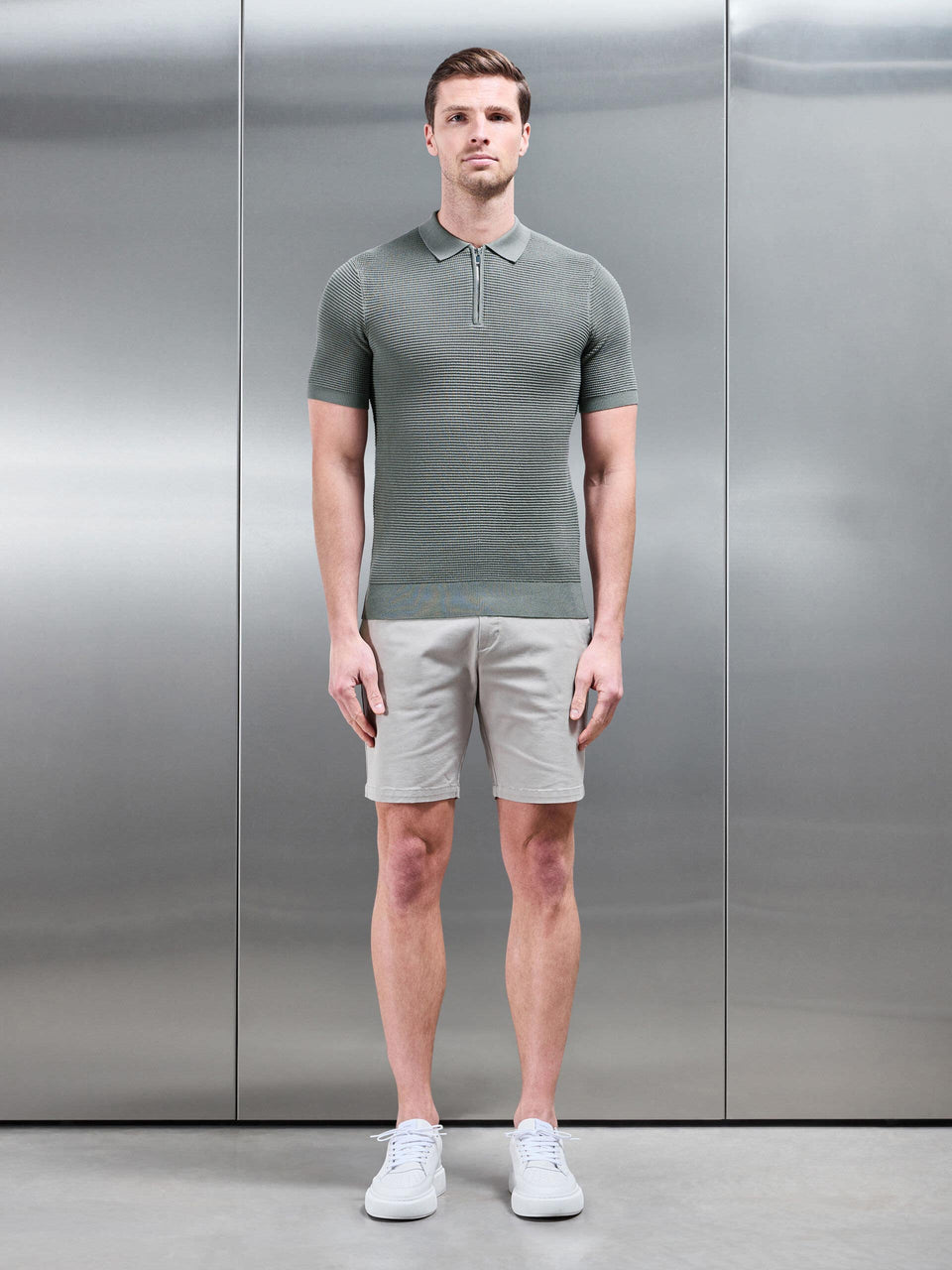 Ribbed Knitted Zip Polo Shirt in Sage