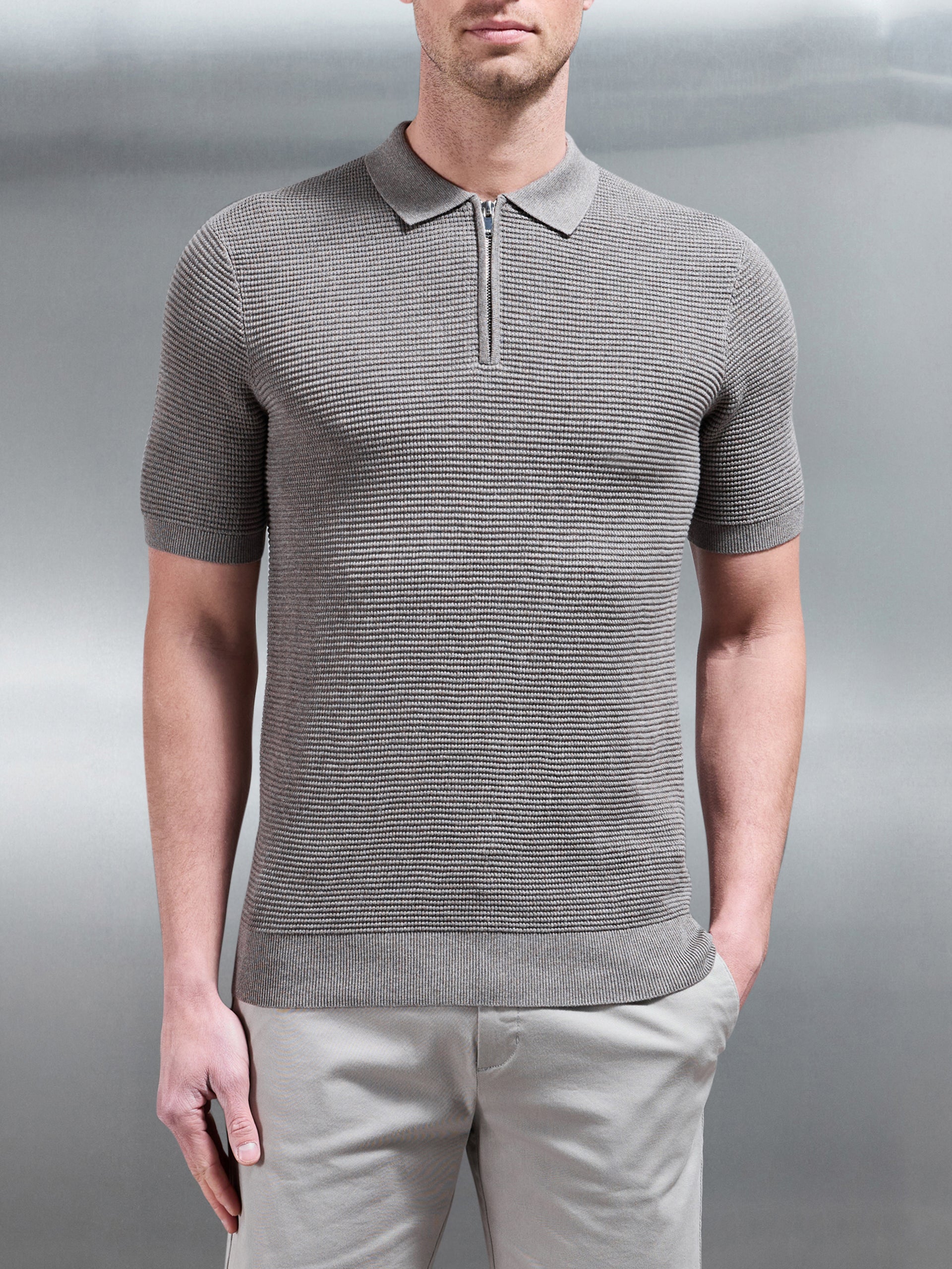 Ribbed Knitted Zip Polo Shirt in Taupe