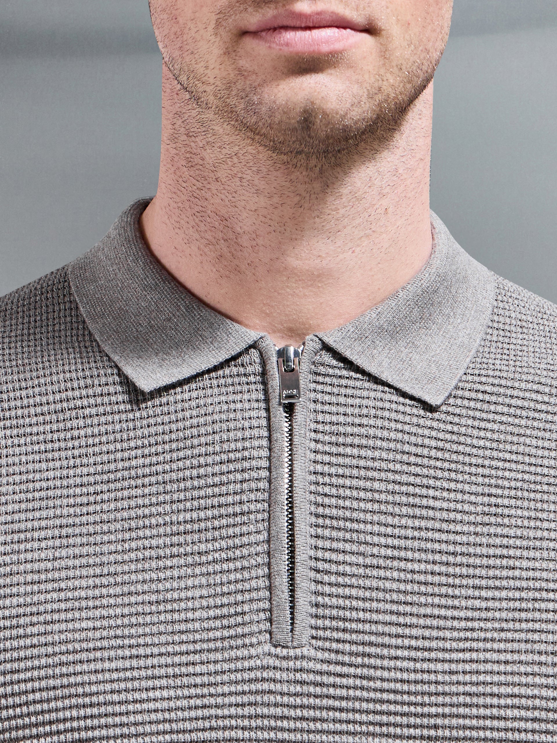 Ribbed Knitted Zip Polo Shirt in Taupe