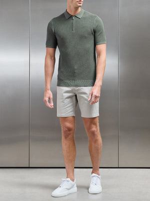 Ribbed Knitted Zip Polo Shirt in Sage