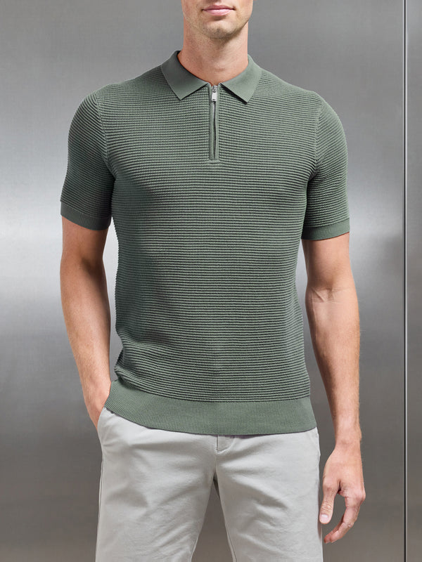 Ribbed Knitted Zip Polo Shirt in Sage