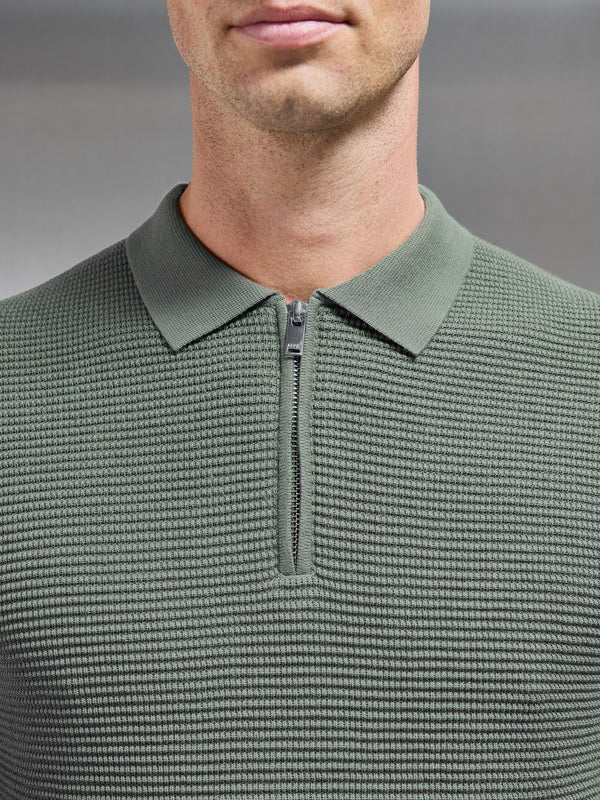 Ribbed Knitted Zip Polo Shirt in Sage