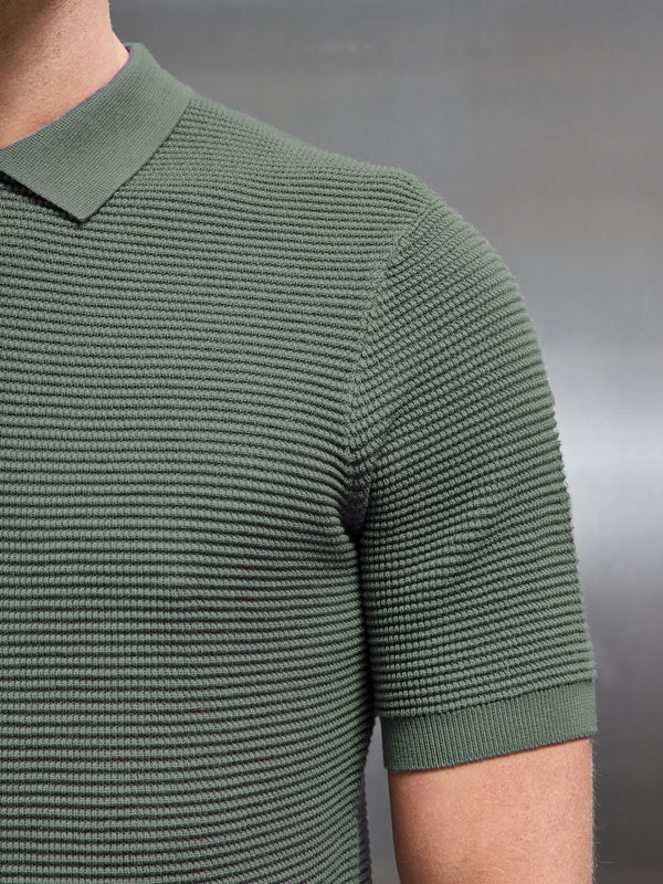 Ribbed Knitted Zip Polo Shirt in Sage