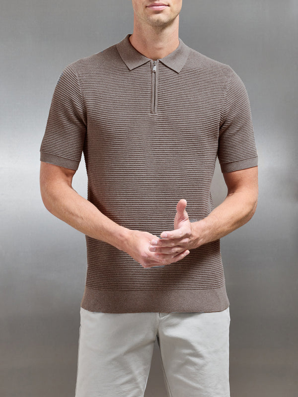 Ribbed Knitted Zip Polo Shirt in Taupe