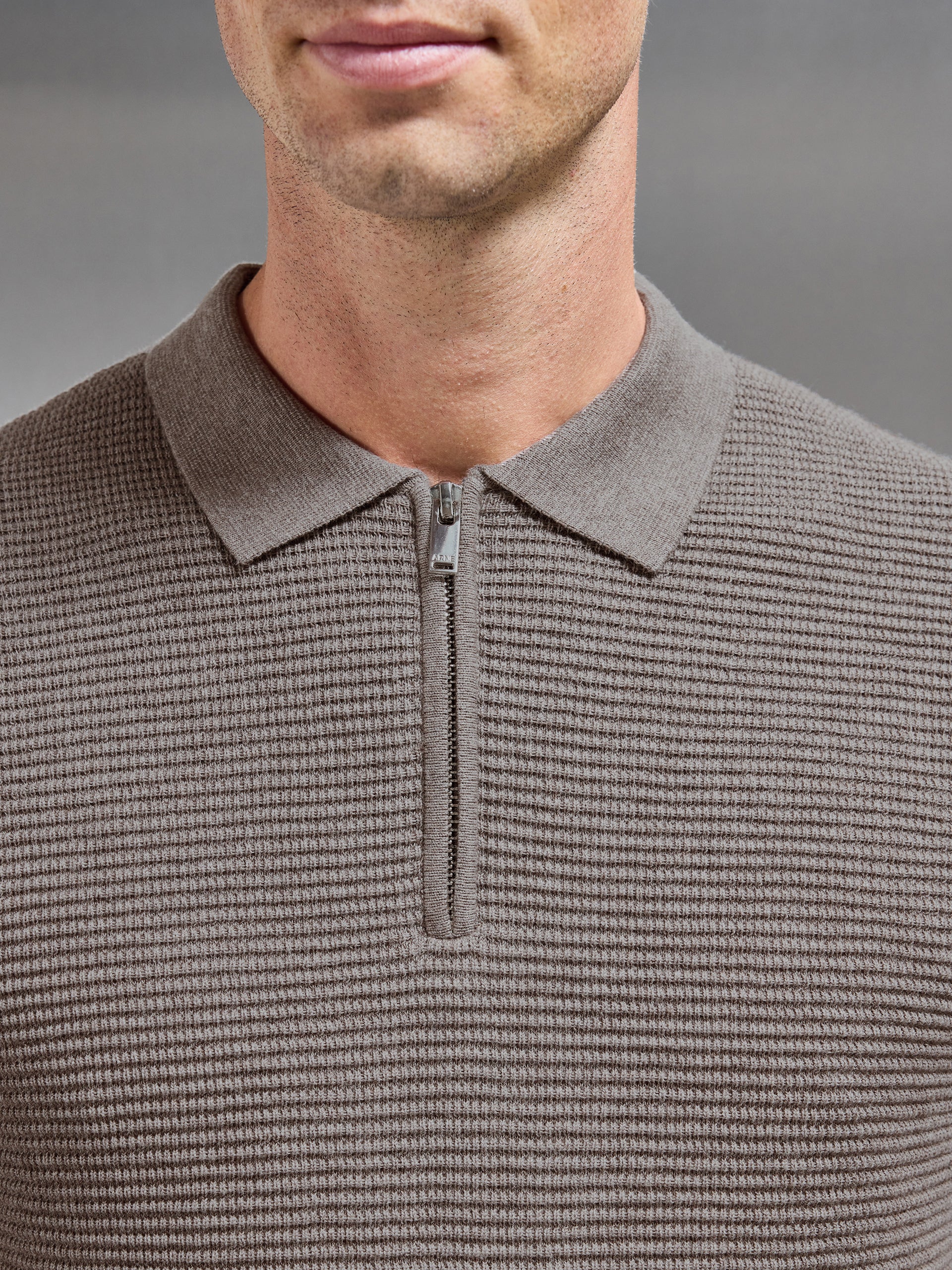 Ribbed Knitted Zip Polo Shirt in Taupe