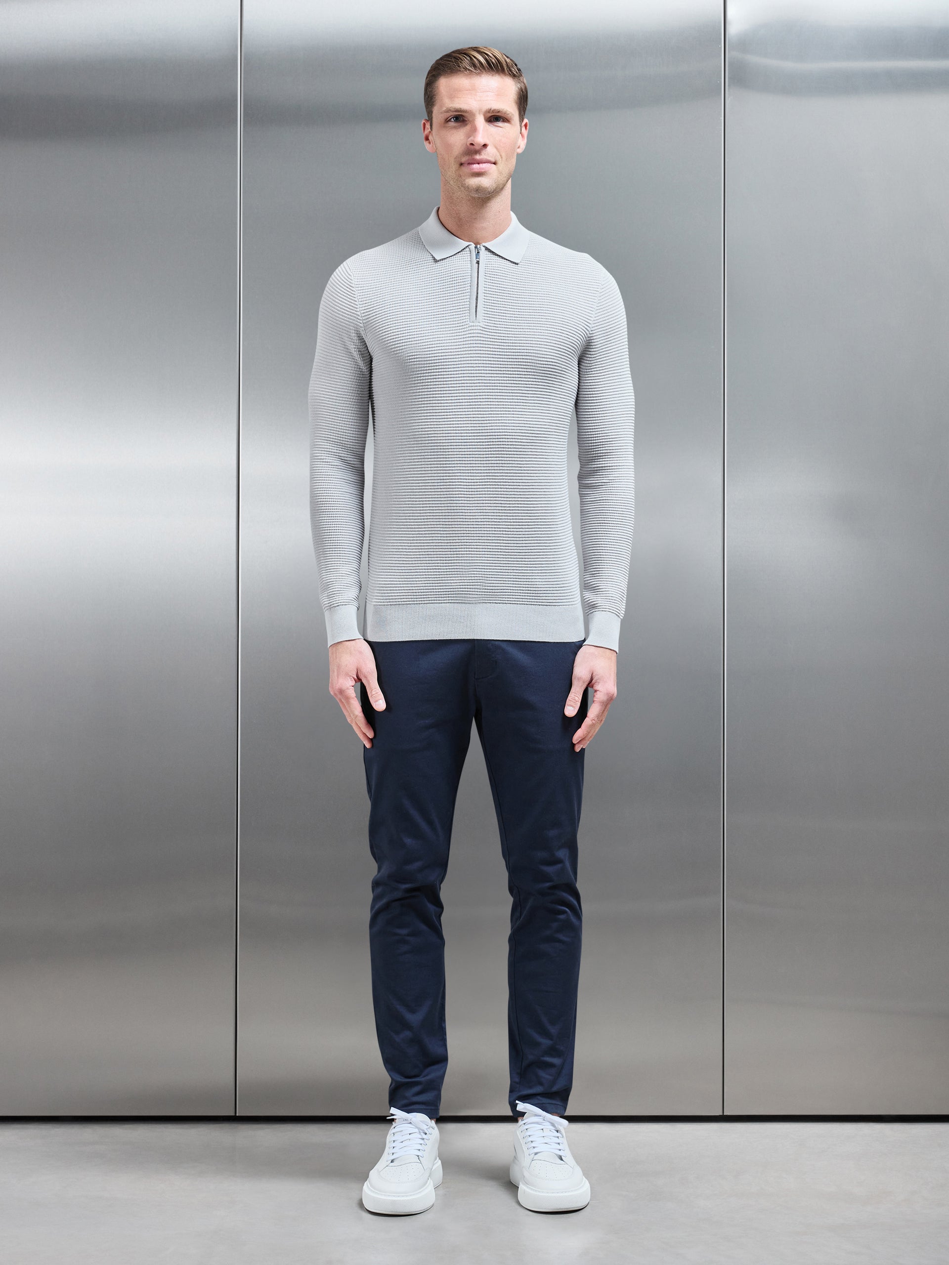 Ribbed Textured Long Sleeve Knitted Zip Polo in Mid Grey
