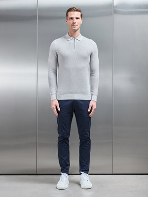 Ribbed Textured Long Sleeve Knitted Zip Polo in Mid Grey