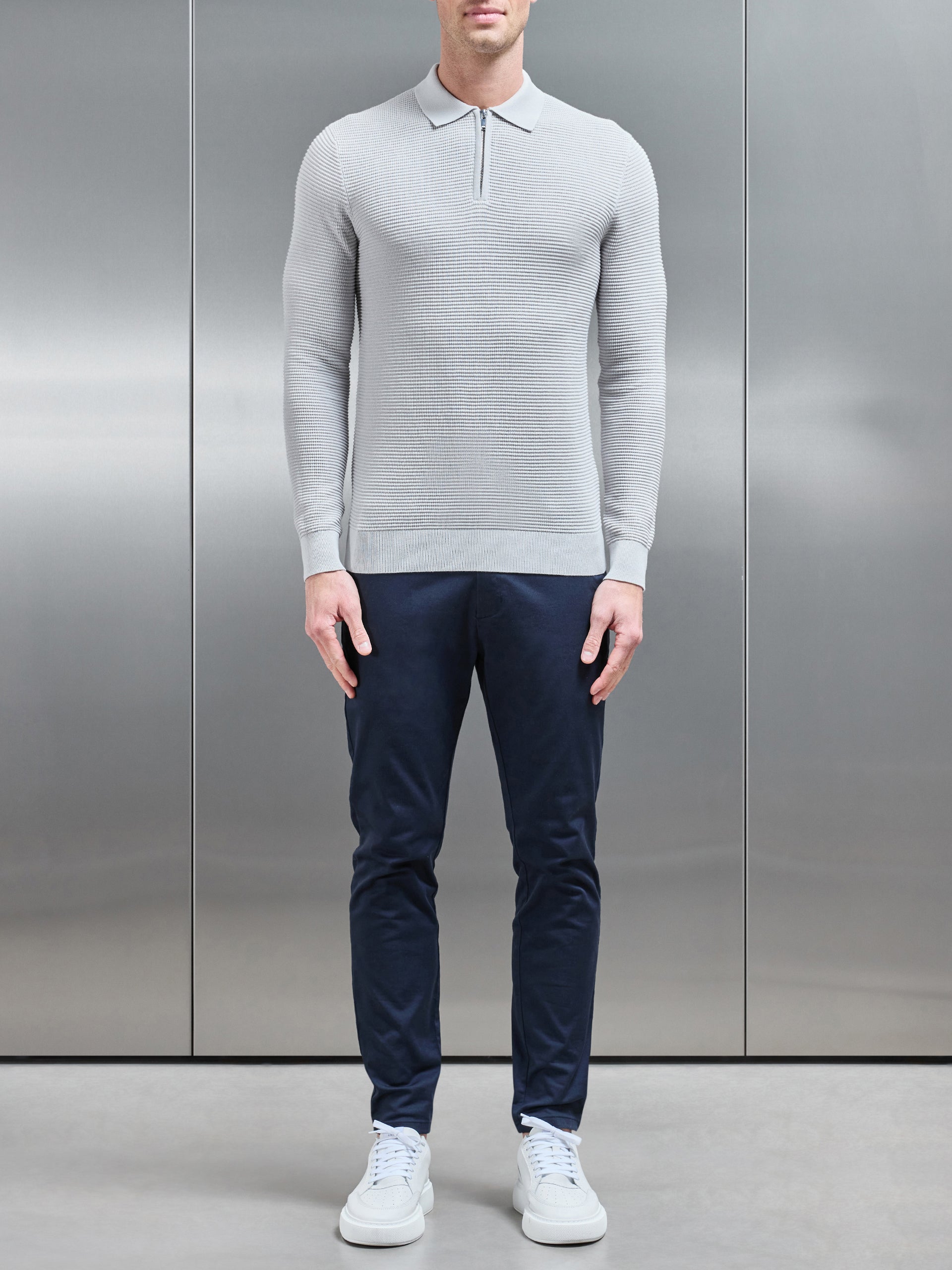 Ribbed Textured Long Sleeve Knitted Zip Polo in Mid Grey