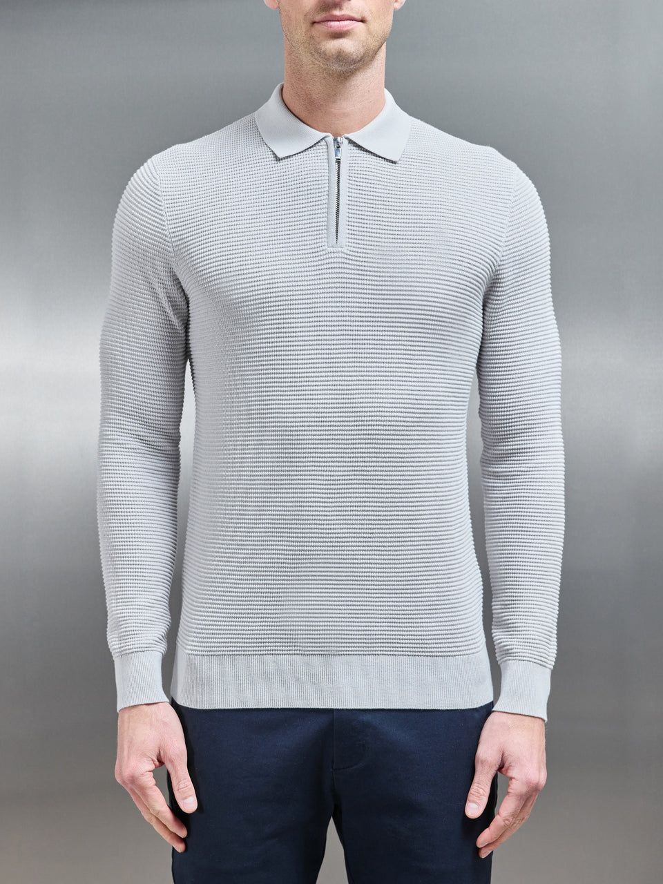 Ribbed Textured Long Sleeve Knitted Zip Polo in Mid Grey