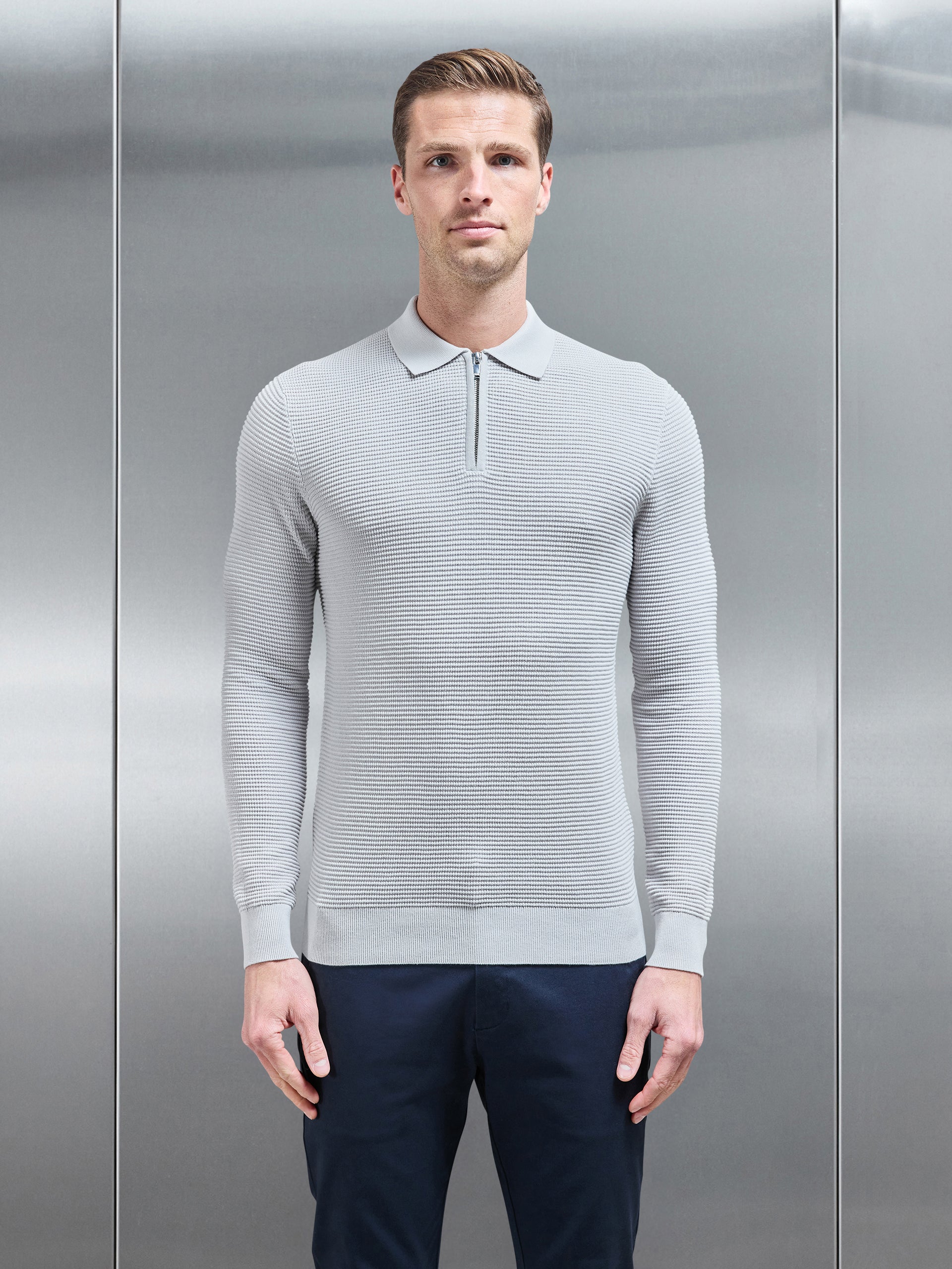 Ribbed Textured Long Sleeve Knitted Zip Polo in Mid Grey