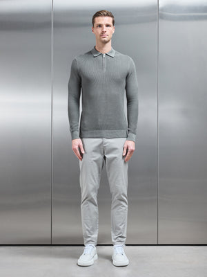 Ribbed Textured Long Sleeve Knitted Zip Polo in Sage