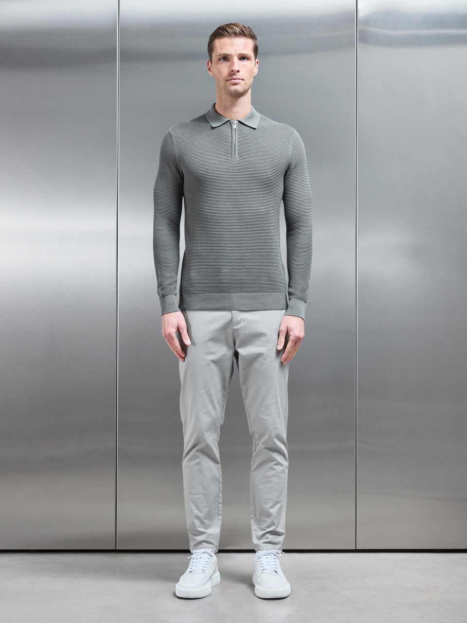 Ribbed Textured Long Sleeve Knitted Zip Polo in Sage