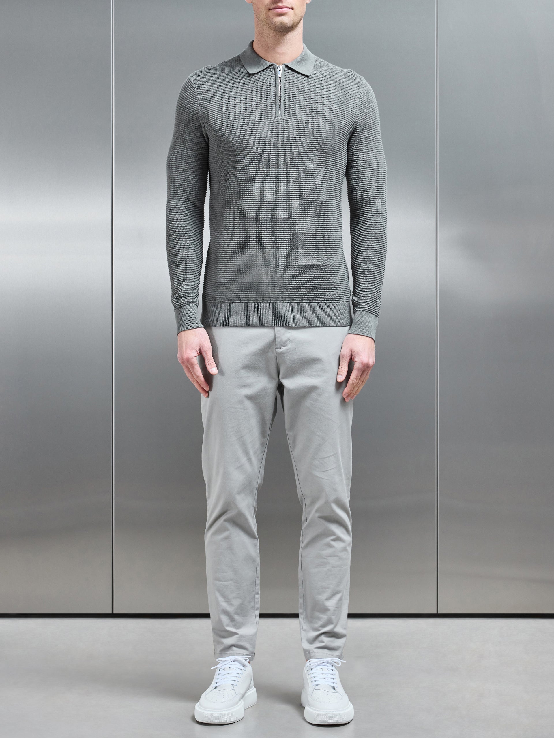 Ribbed Textured Long Sleeve Knitted Zip Polo in Sage