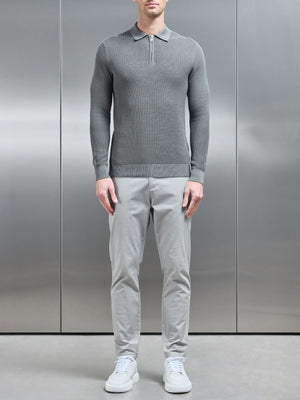 Ribbed Textured Long Sleeve Knitted Zip Polo in Sage
