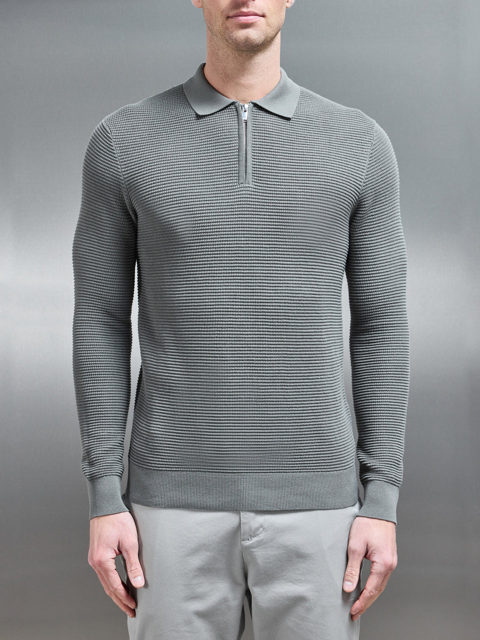Ribbed Textured Long Sleeve Knitted Zip Polo in Sage