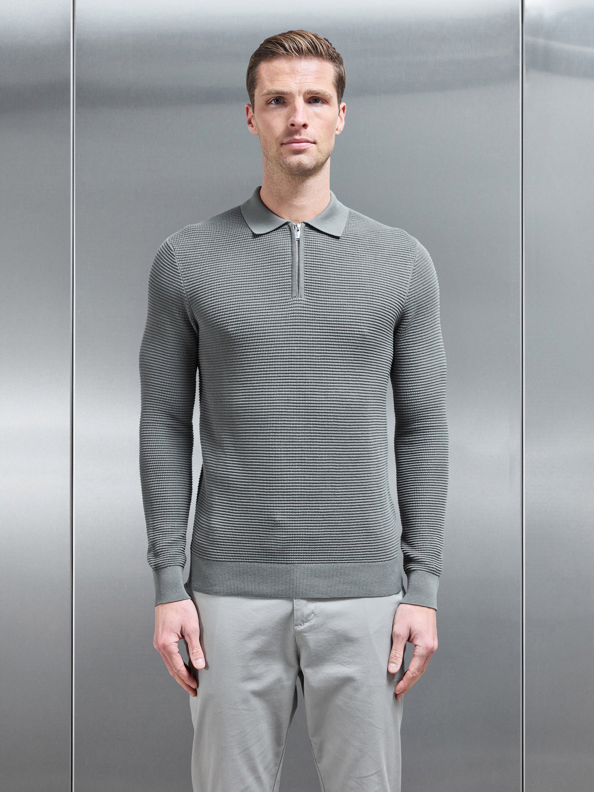 Ribbed Textured Long Sleeve Knitted Zip Polo in Sage
