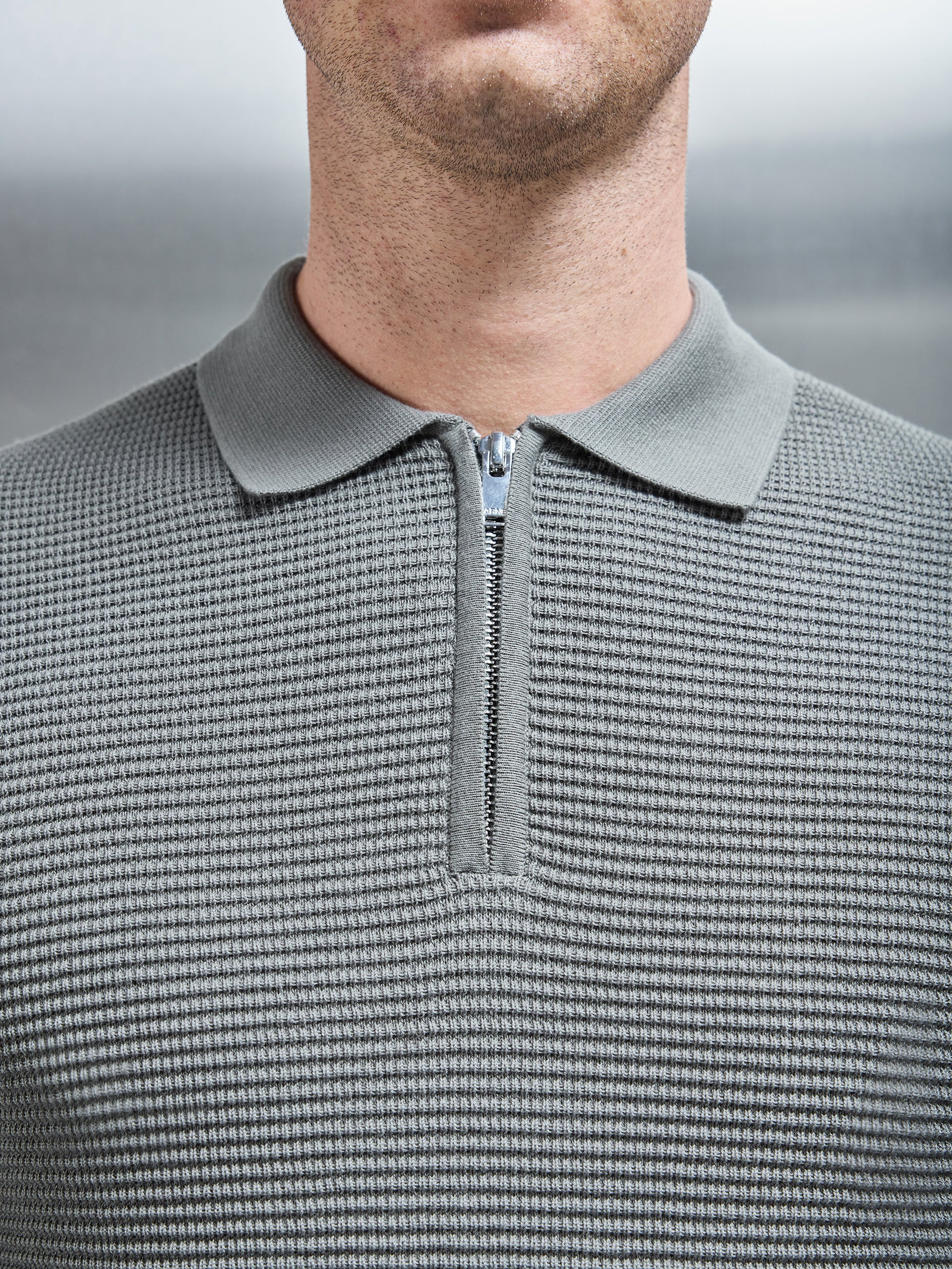 Ribbed Textured Long Sleeve Knitted Zip Polo in Sage