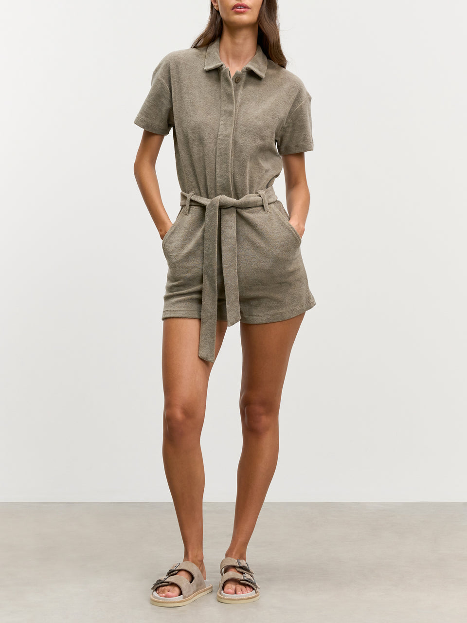 Womens Towelling Playsuit in Taupe