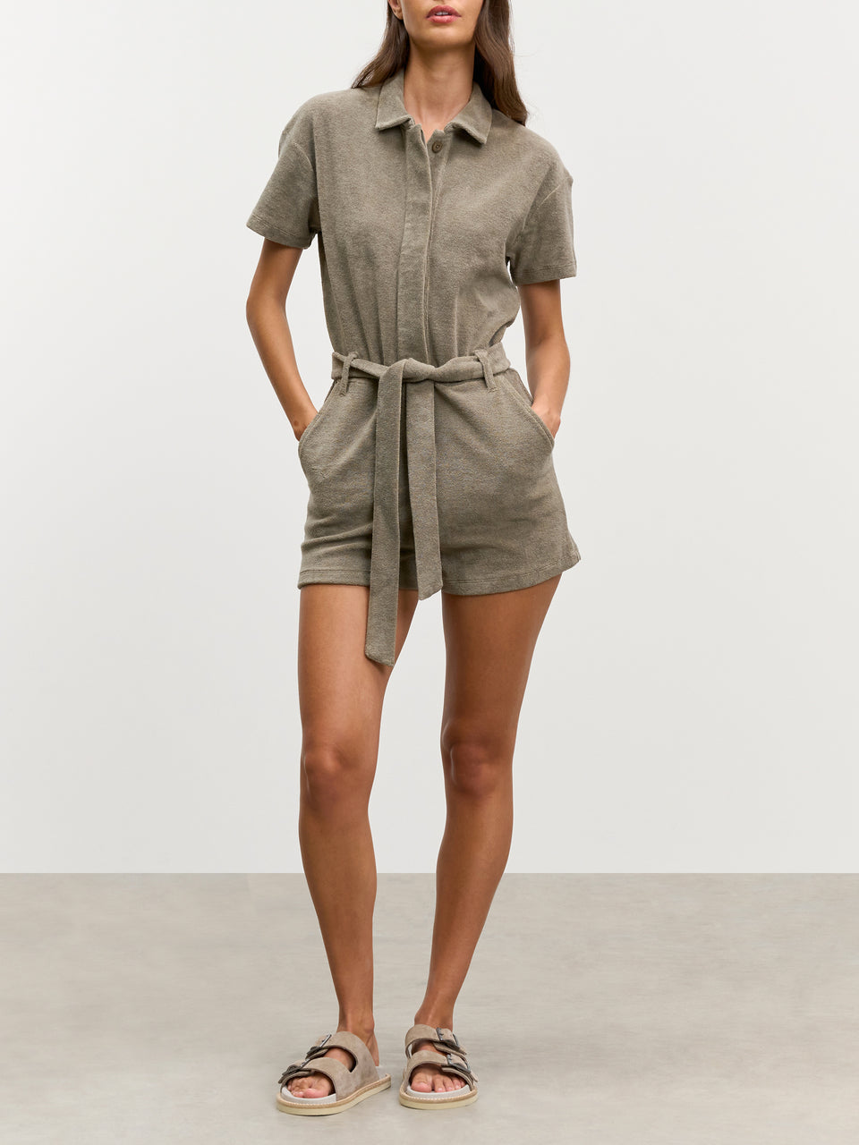 Womens Towelling Playsuit in Taupe