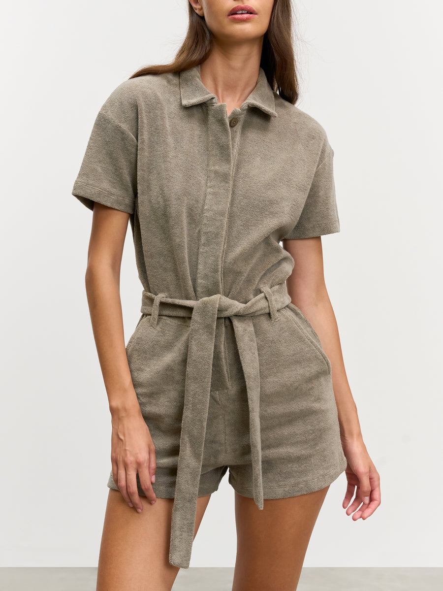 Womens Towelling Playsuit in Taupe