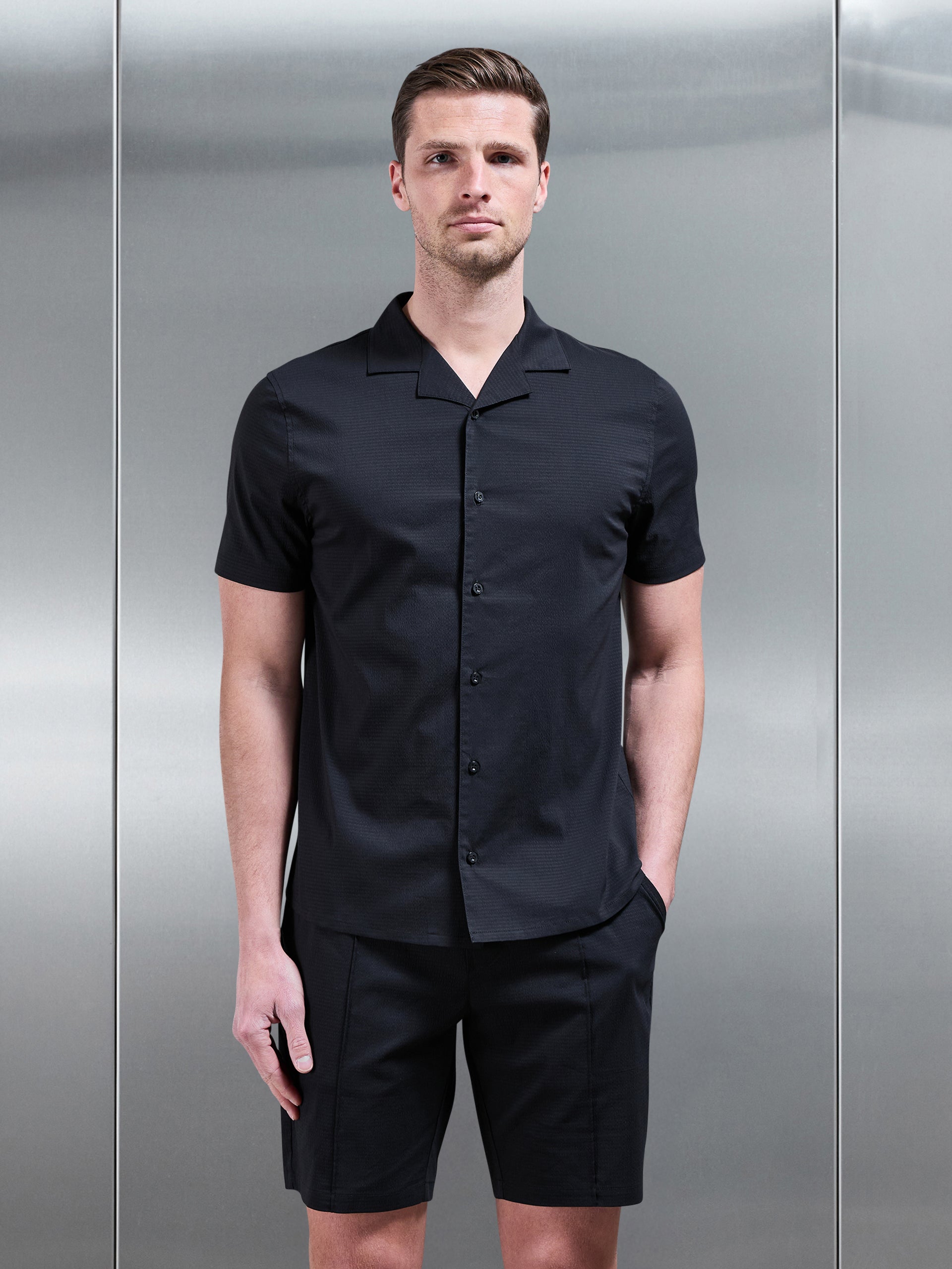 Seersucker Revere Collar Shirt in Black