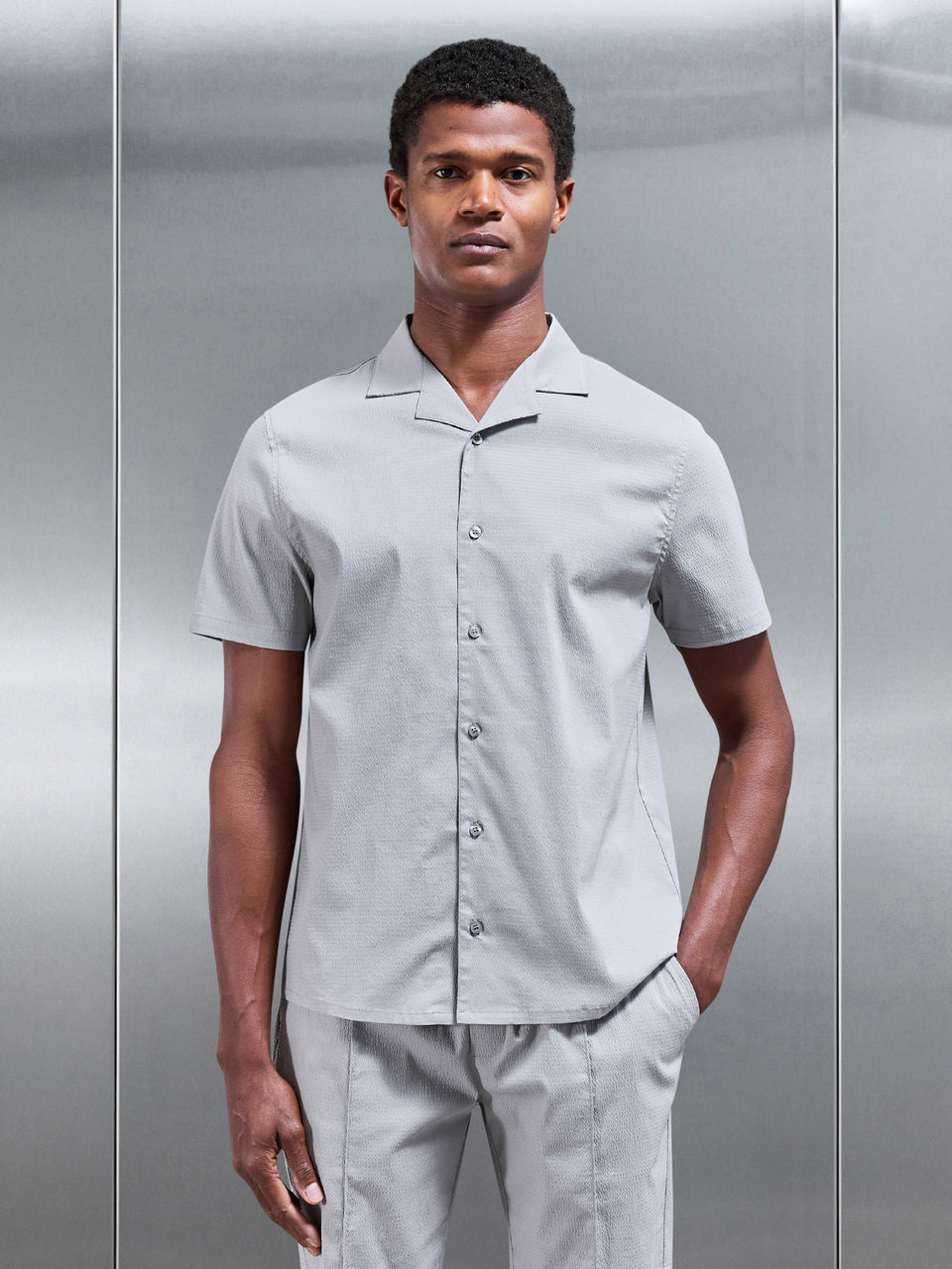 Plain Seersucker Revere Collar Shirt in Stone