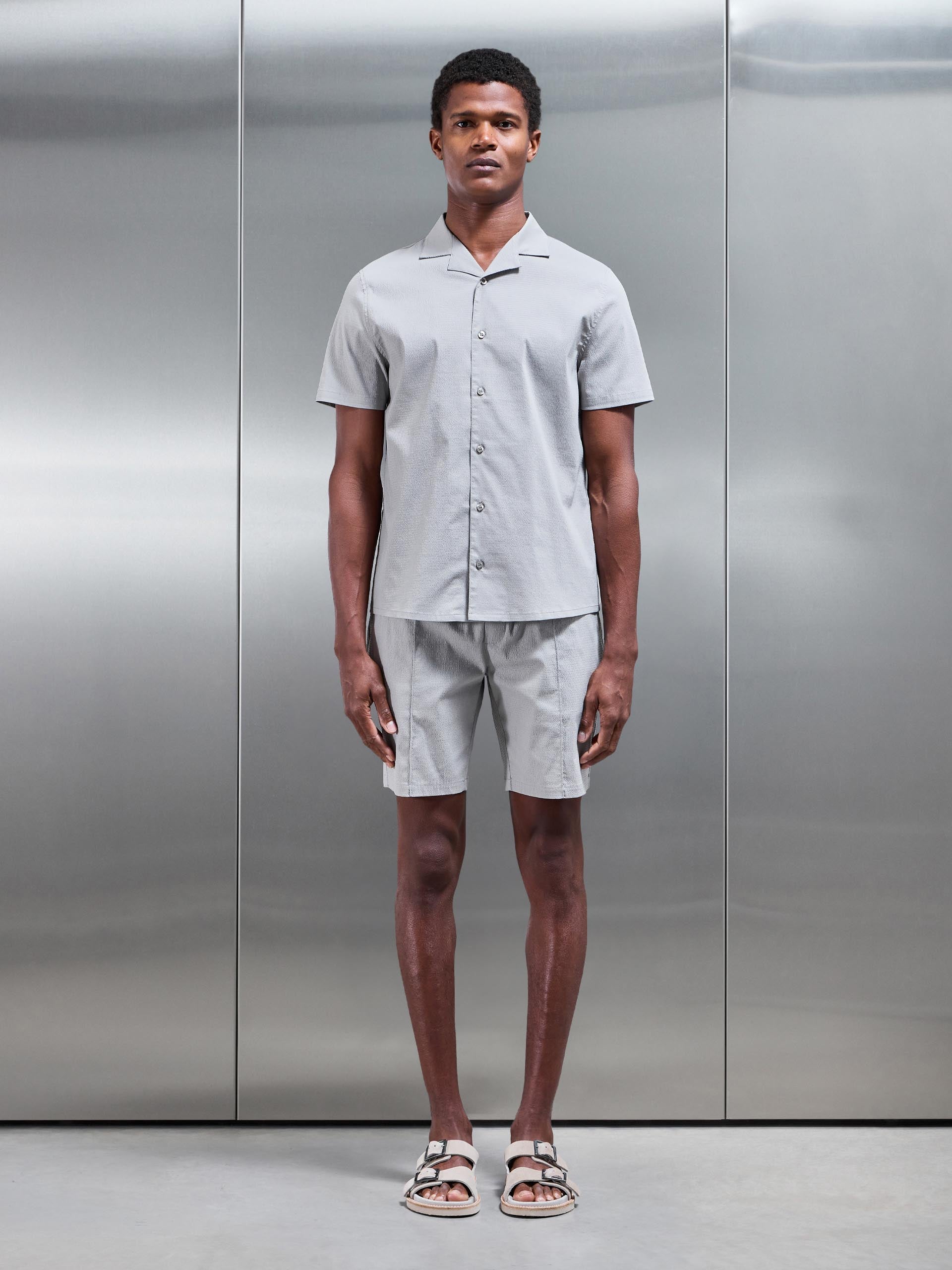 Plain Seersucker Revere Collar Shirt in Stone