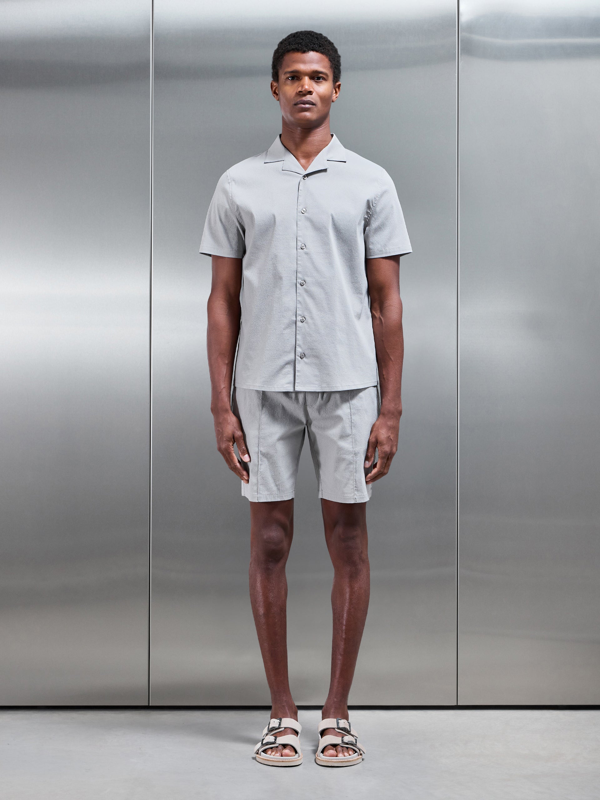Seersucker Revere Collar Shirt in Stone