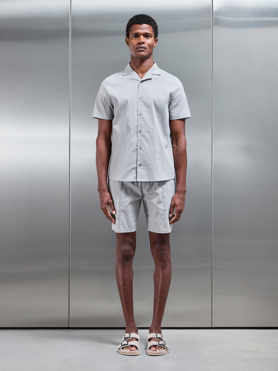 Plain Seersucker Revere Collar Shirt in Stone