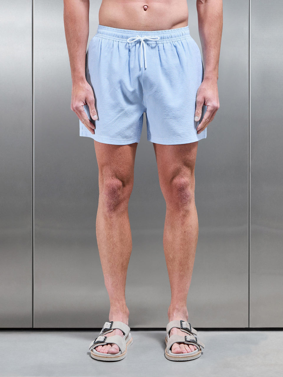 Seersucker Stripe Drawstring Swim Short in Light Blue